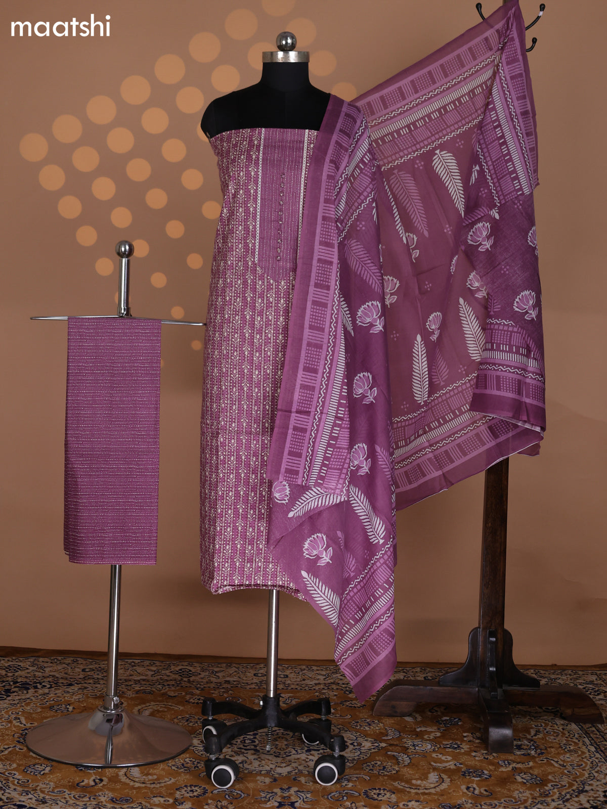 Dark Mauve Pink Cotton Dress Material With Allover Prints and Bottom & Dupatta