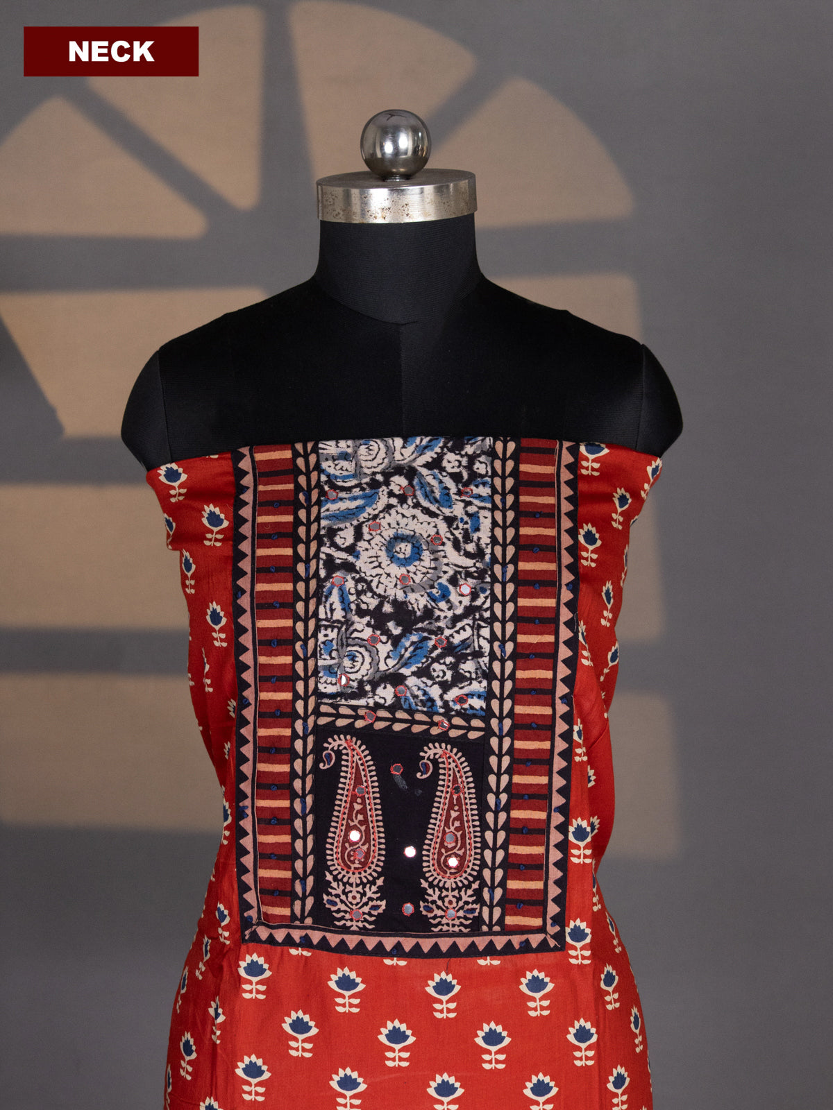 Red and Maroon Cotton Dress Material With Butta Prints & Patch Work Neck Pattern and Kalamkari Bottom & Dupatta