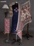 Navy Blue and Beige Cotton Dress Material With Plain Body & Kalamkari Patch Work Neck Pattern and Kalamkari Bottom & Dupatta