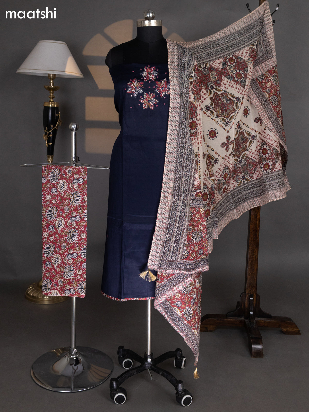 Navy Blue and Beige Cotton Dress Material With Plain Body & Kalamkari Patch Work Neck Pattern and Kalamkari Bottom & Dupatta