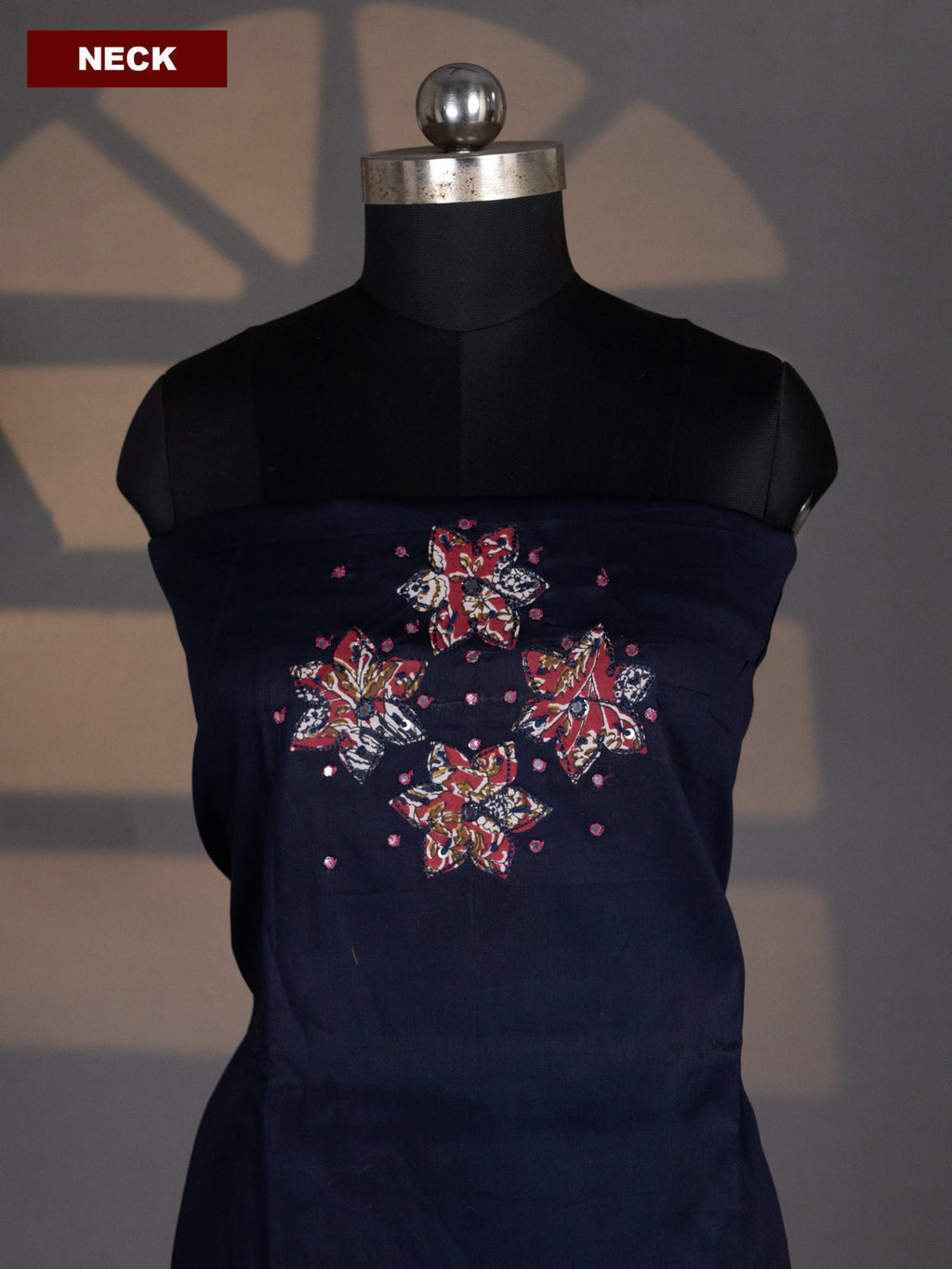 Navy Blue and Beige Cotton Dress Material With Plain Body & Kalamkari Patch Work Neck Pattern and Kalamkari Bottom & Dupatta