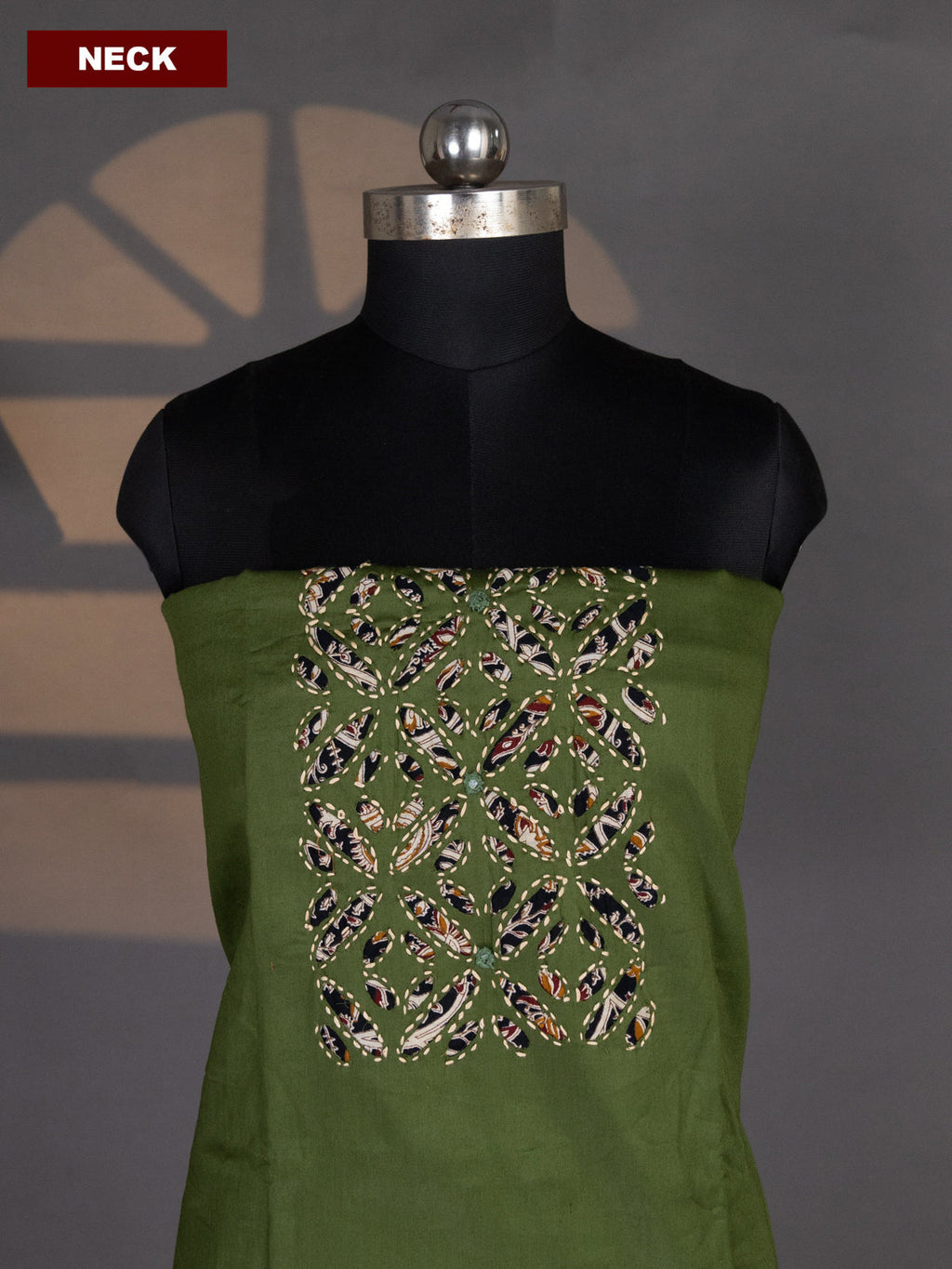 Sap Green and Black Cotton Dress Material With Plain Body & Kalamkari Patch Work Neck Pattern and Kalamkari Bottom & Dupatta