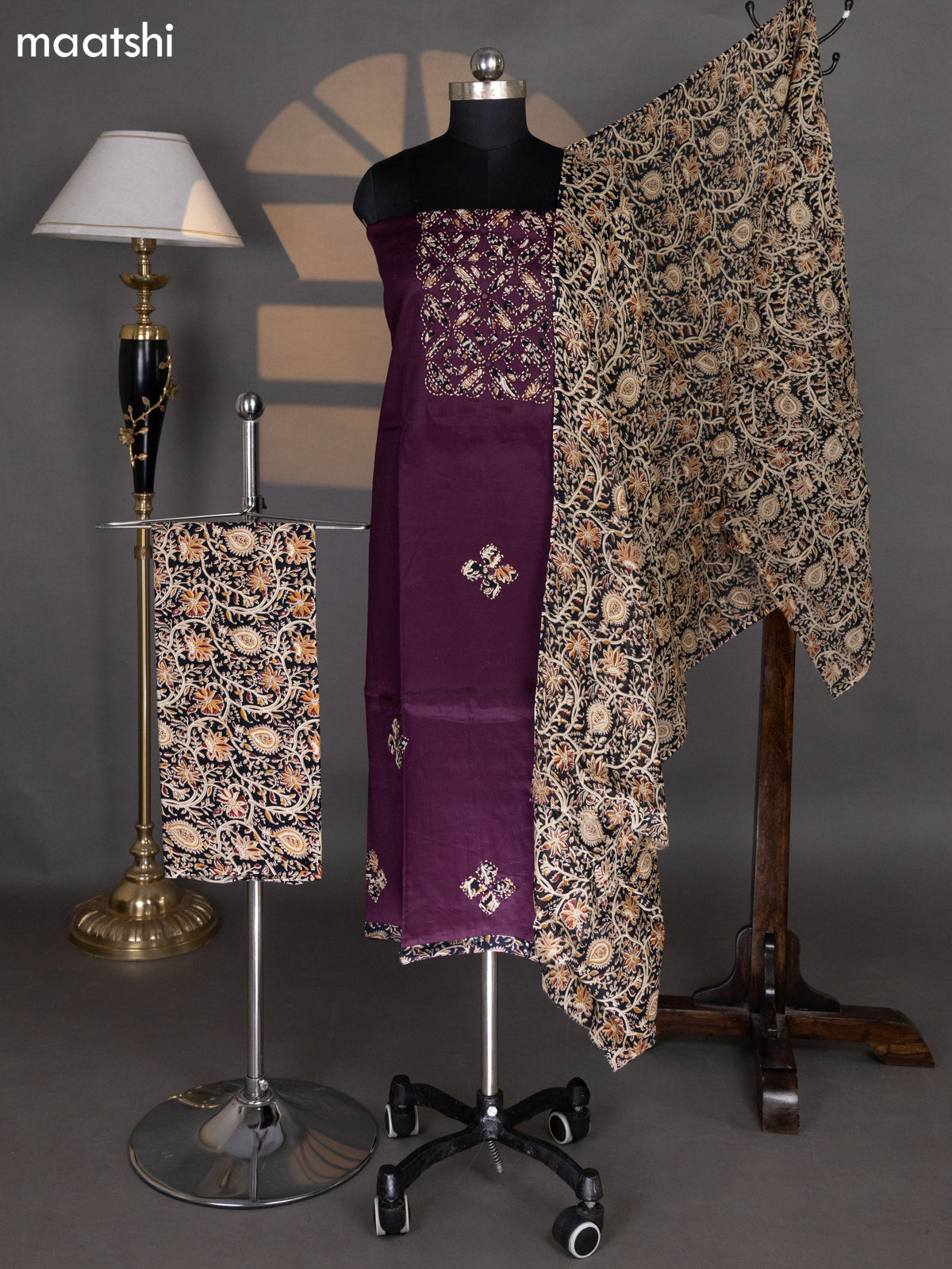 Wine and Black Cotton Dress Material With Plain Body & Kalamkari Patch Work Neck Pattern and Kalamkari Bottom & Dupatta