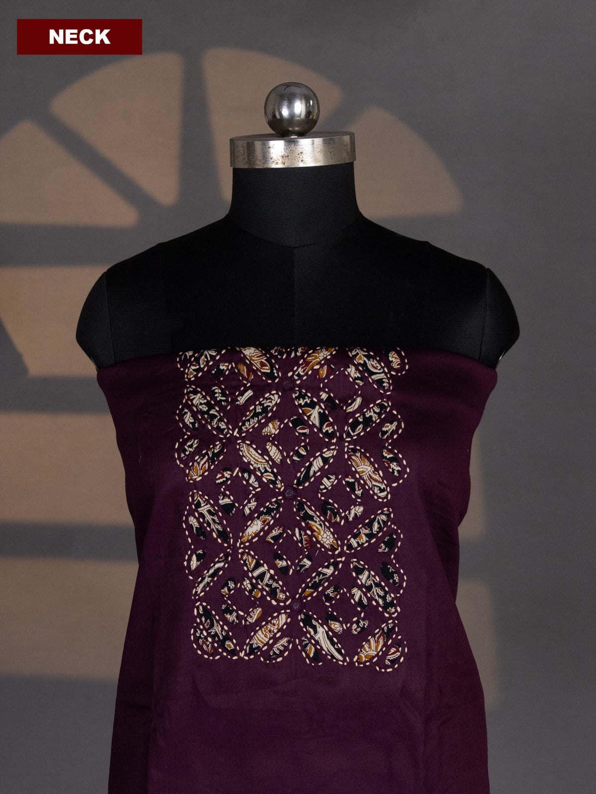 Wine and Black Cotton Dress Material With Plain Body & Kalamkari Patch Work Neck Pattern and Kalamkari Bottom & Dupatta