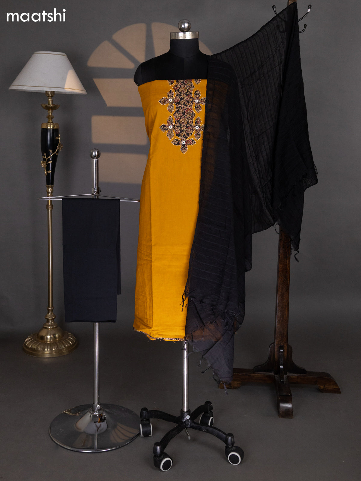 Mustrad Yellow and Black Cotton Dress Material With Plain Body & Kalamkari Patch Work Neck Pattern and Kalamkari Bottom & Dupatta