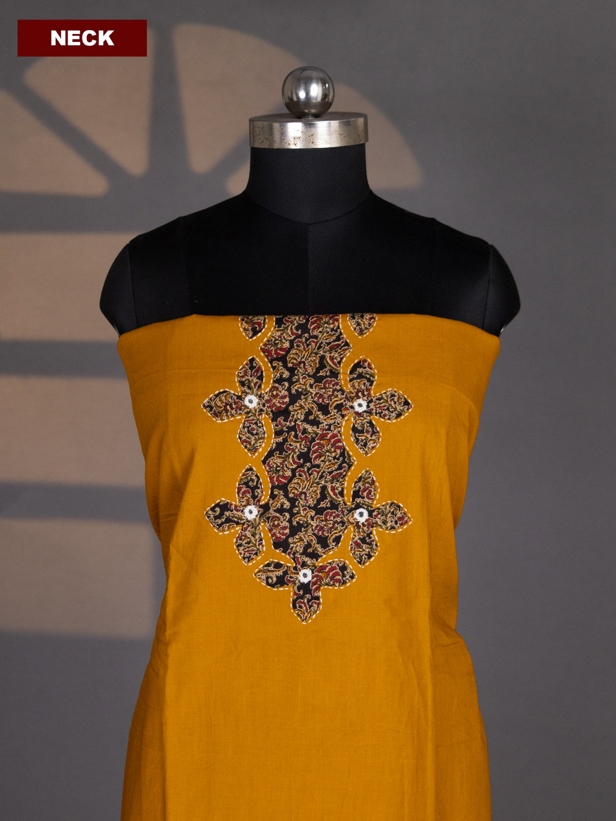 Mustrad Yellow and Black Cotton Dress Material With Plain Body & Kalamkari Patch Work Neck Pattern and Kalamkari Bottom & Dupatta