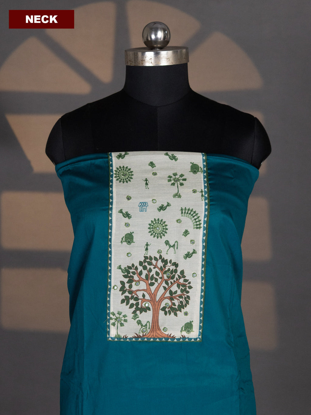 Teal Green and Sap Green Cotton Dress Material With Plain Body & Warli Prints Patch Work Neck Pattern and Bottom & Warli Dupatta