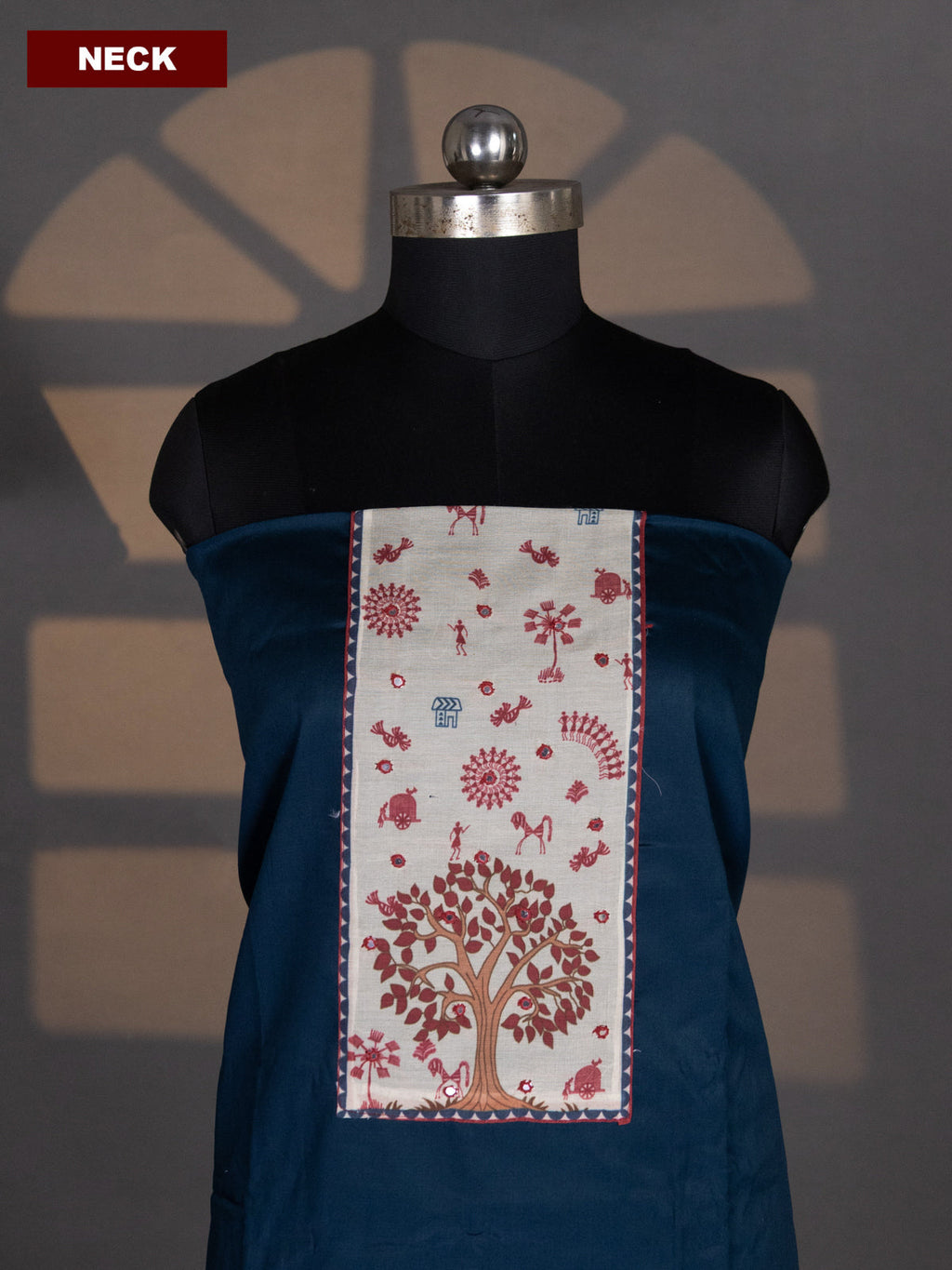Dark Peacock Blue and Maroon Cotton Dress Material With Plain Body & Warli Prints Patch Work Neck Pattern and Bottom & Warli Dupatta