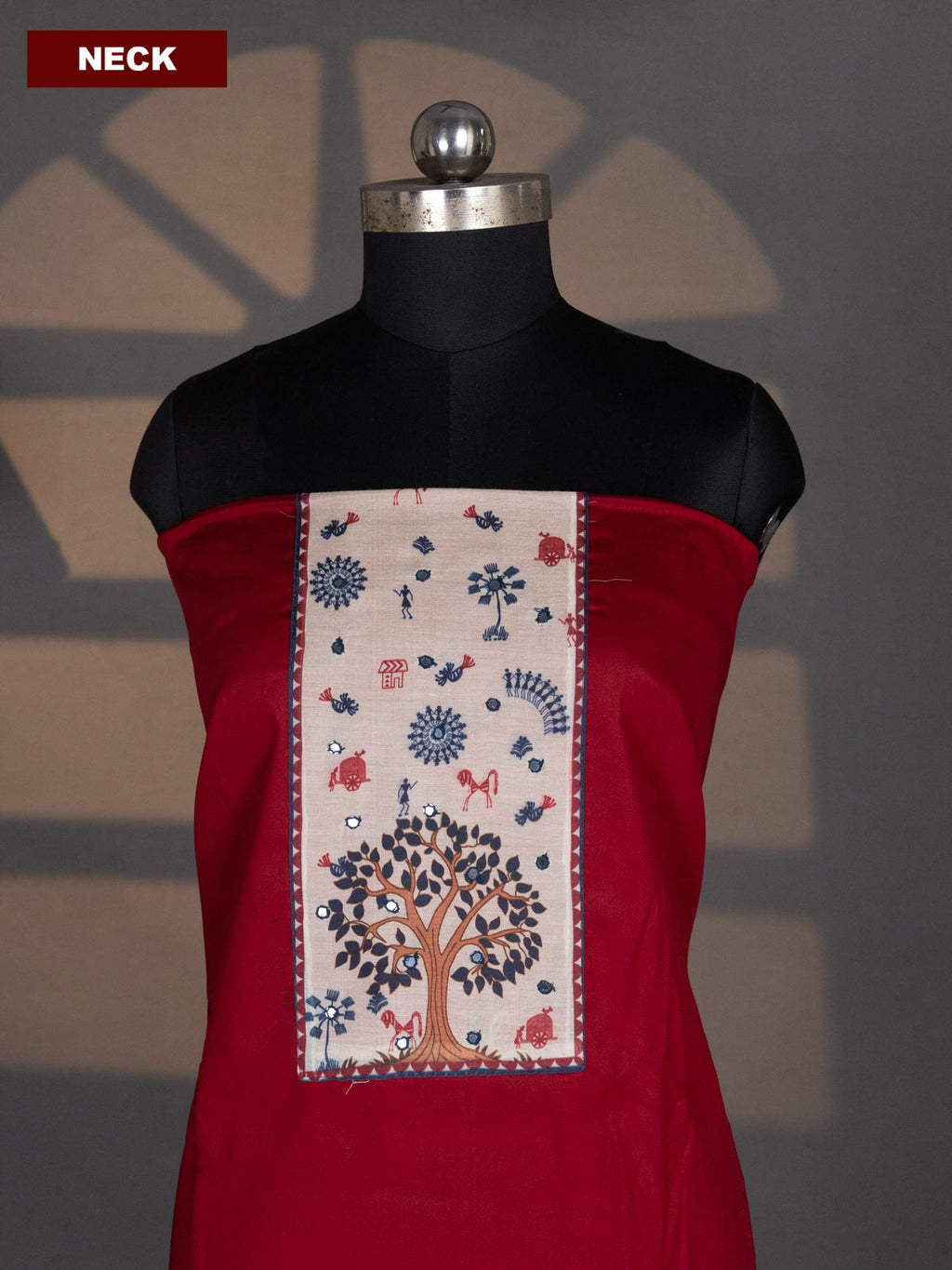 Maroon and Peacock Blue Cotton Dress Material With Plain Body & Warli Prints Patch Work Neck Pattern and Bottom & Warli Dupatta