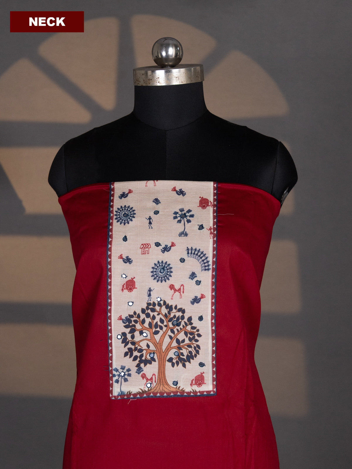 Maroon and Peacock Blue Cotton Dress Material With Plain Body & Warli Prints Patch Work Neck Pattern and Bottom & Warli Dupatta