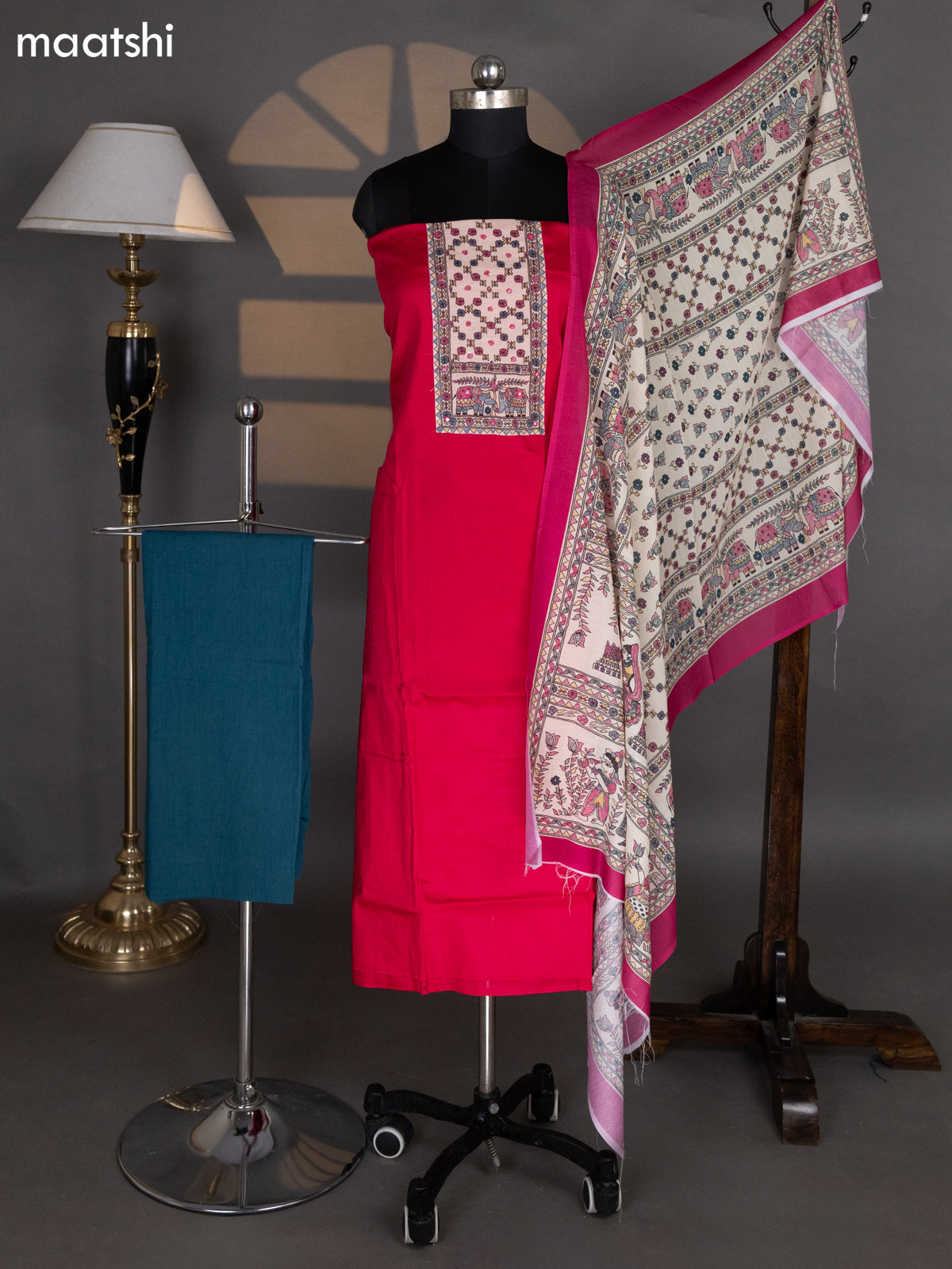 Pink and Peacock Green Cotton Dress Material With Plain Body & Madhubani Prints Patch Work Neck Pattern and Bottom & Madhubani Dupatta