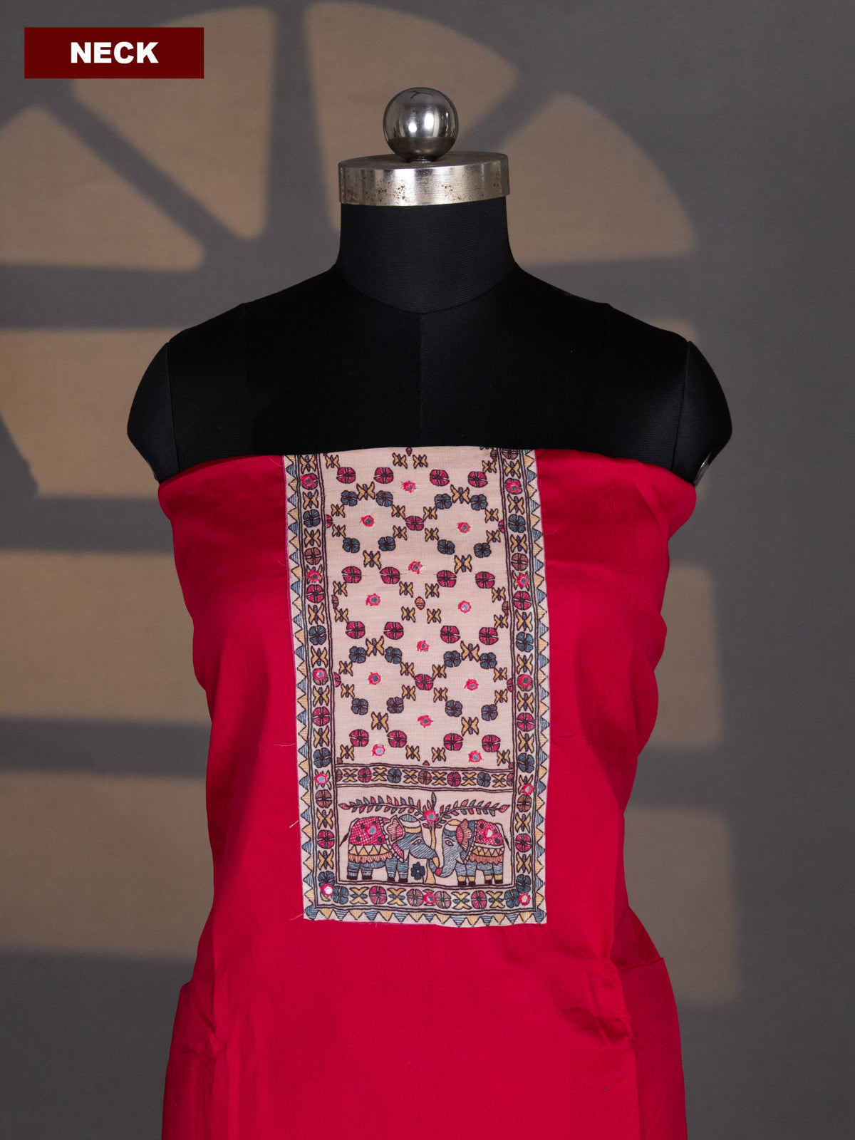 Pink and Peacock Green Cotton Dress Material With Plain Body & Madhubani Prints Patch Work Neck Pattern and Bottom & Madhubani Dupatta