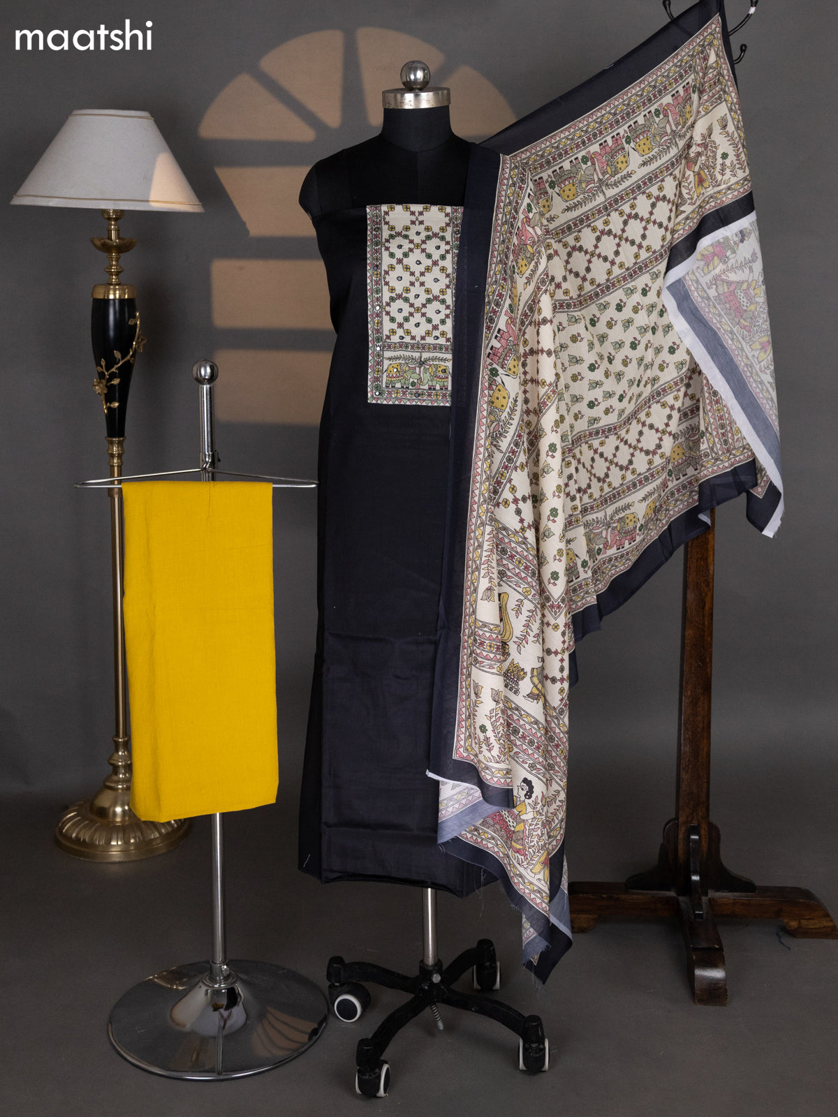 Black and Mustard Yellow Cotton Dress Material With Plain Body & Madhubani Prints Patch Work Neck Pattern and Bottom & Madhubani Dupatta