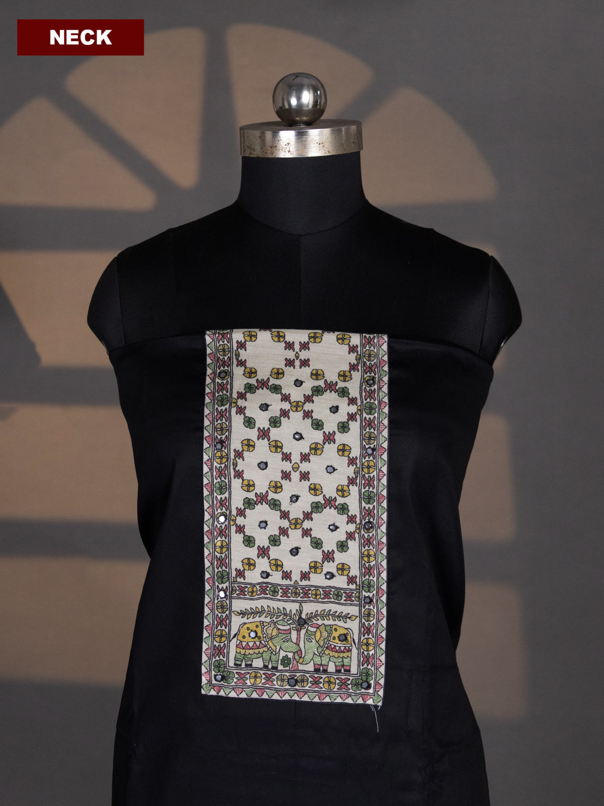 Black and Mustard Yellow Cotton Dress Material With Plain Body & Madhubani Prints Patch Work Neck Pattern and Bottom & Madhubani Dupatta