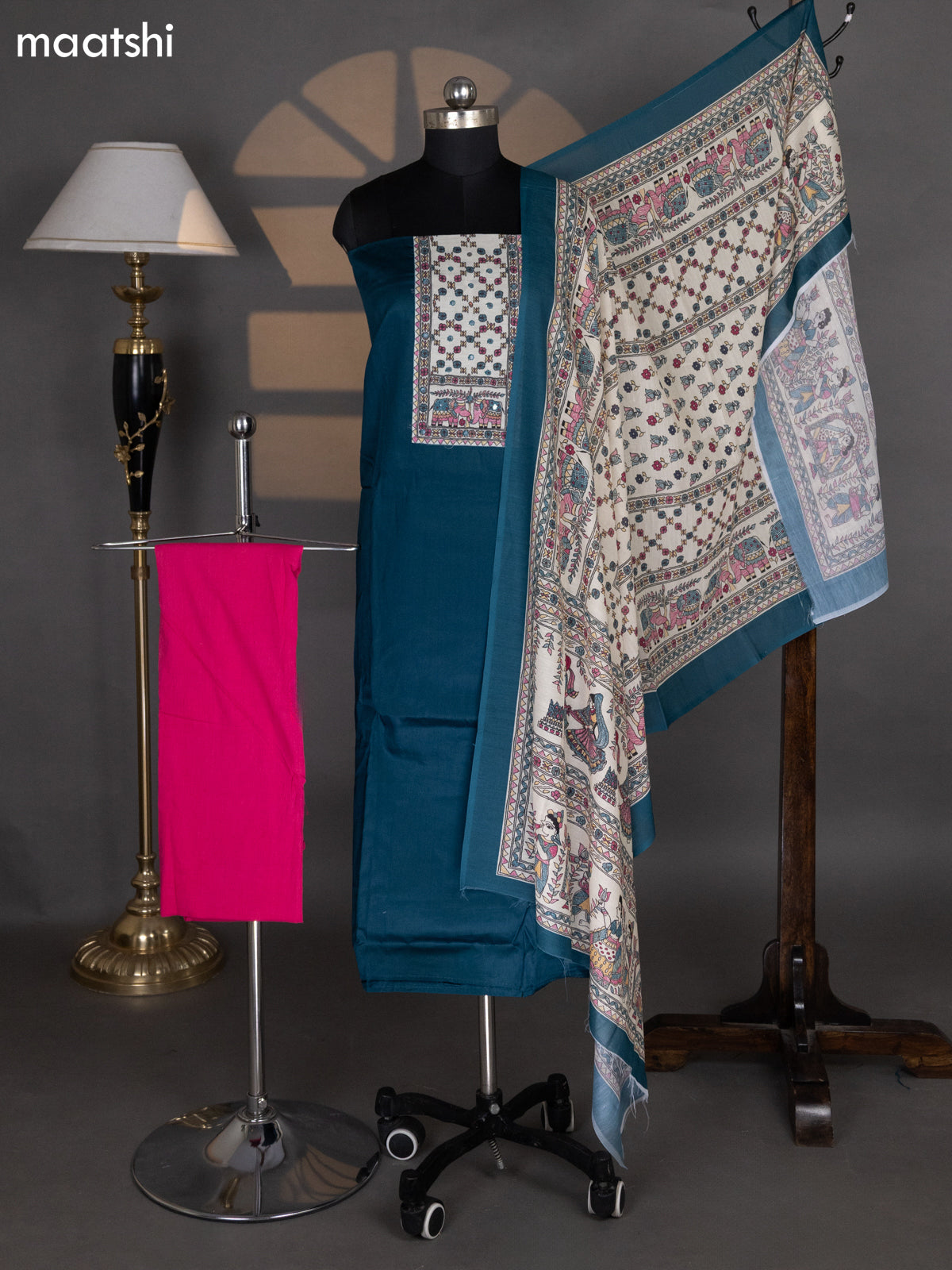 Dark Peacock Blue and Pink Cotton Dress Material With Plain Body & Madhubani Prints Patch Work Neck Pattern and Bottom & Madhubani Dupatta