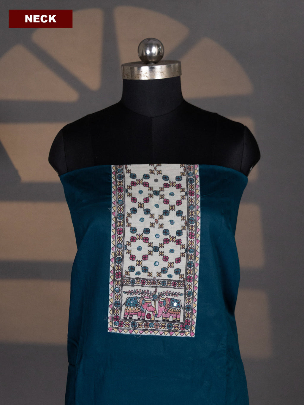 Dark Peacock Blue and Pink Cotton Dress Material With Plain Body & Madhubani Prints Patch Work Neck Pattern and Bottom & Madhubani Dupatta
