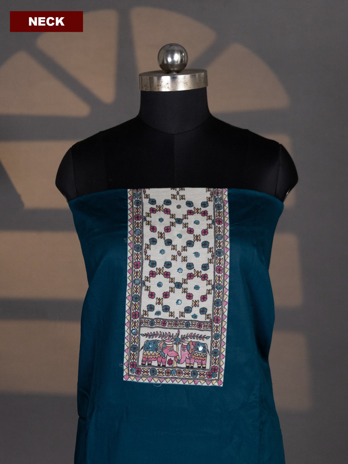 Dark Peacock Blue and Pink Cotton Dress Material With Plain Body & Madhubani Prints Patch Work Neck Pattern and Bottom & Madhubani Dupatta