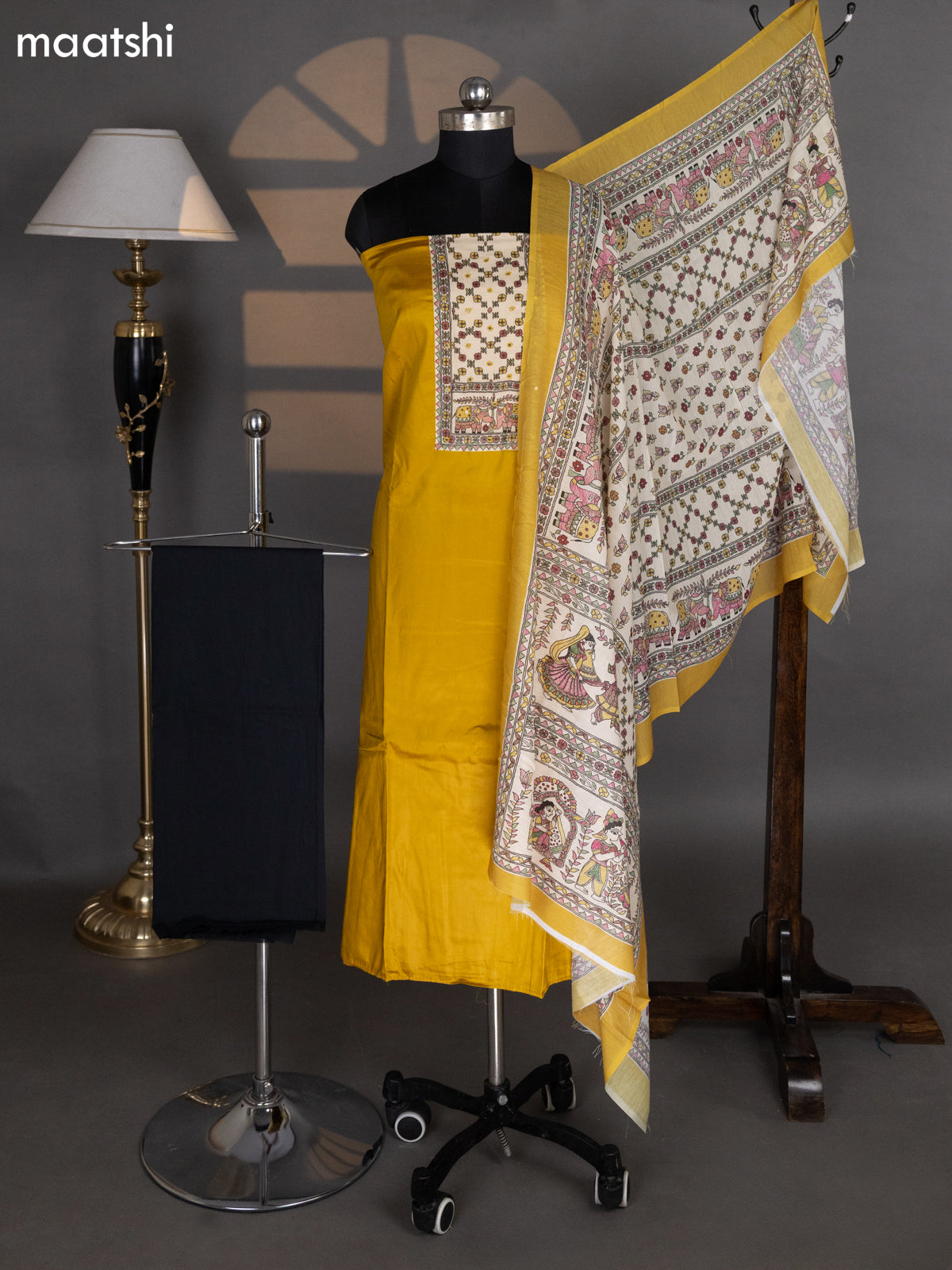 Mnustard Yellow and Black Cotton Dress Material With Plain Body & Madhubani Prints Patch Work Neck Pattern and Bottom & Madhubani Dupatta