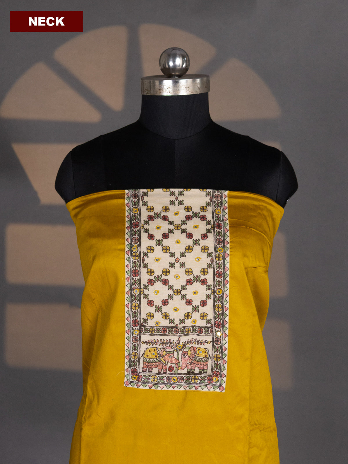 Mnustard Yellow and Black Cotton Dress Material With Plain Body & Madhubani Prints Patch Work Neck Pattern and Bottom & Madhubani Dupatta
