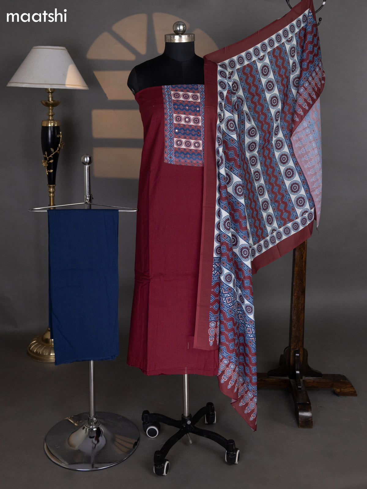 Maroon and Navy Blue Cotton Dress Material With Plain Body & Patch Work Neck Pattern and Bottom & Dupatta