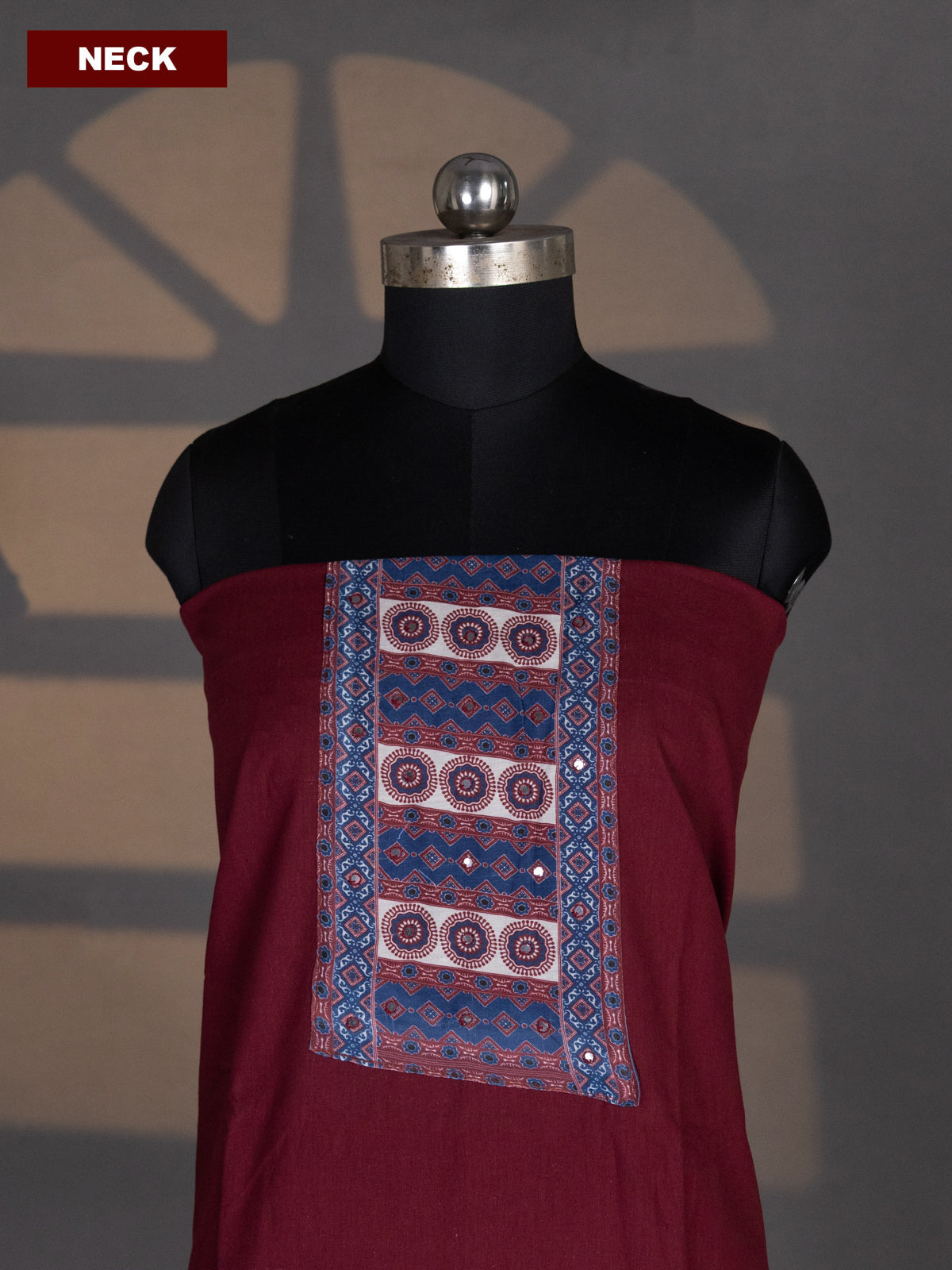 Maroon and Navy Blue Cotton Dress Material With Plain Body & Patch Work Neck Pattern and Bottom & Dupatta