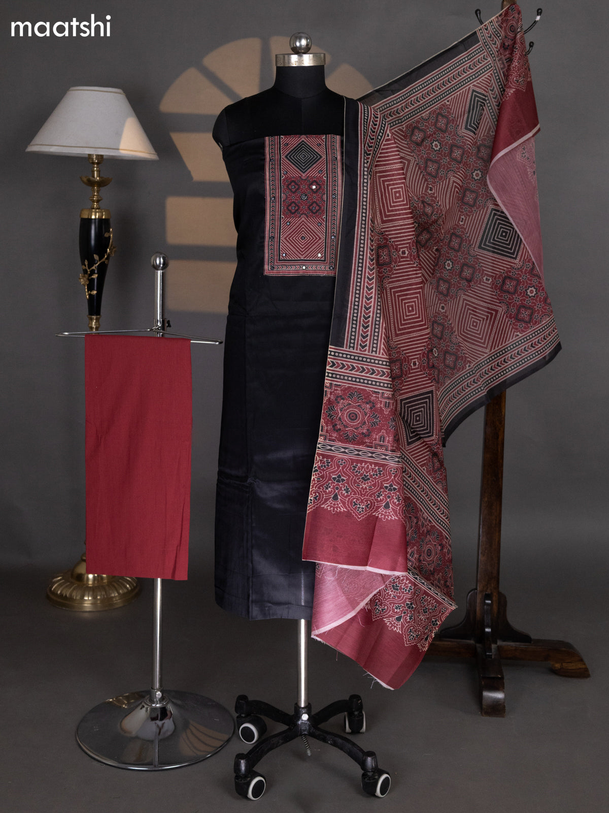 Black and Maroon Cotton Dress Material With Plain Body & Patch Work Neck Pattern and Kalamkari Bottom & Dupatta