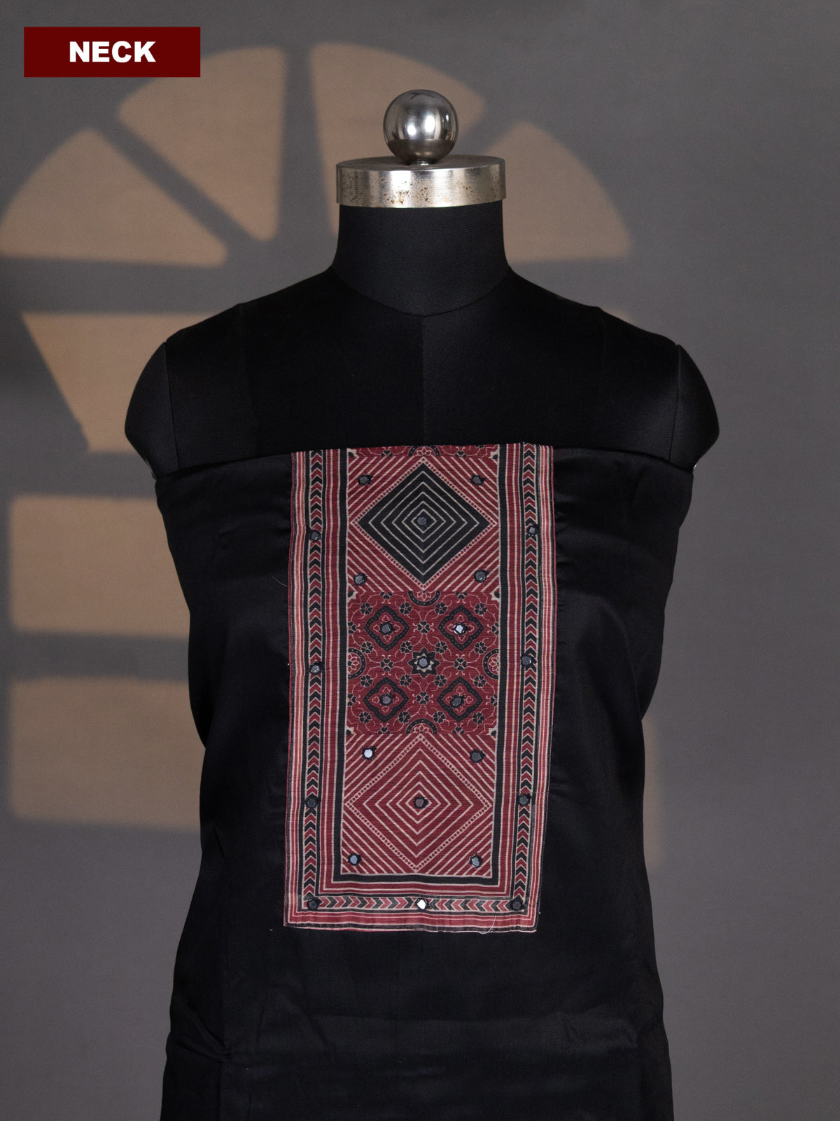 Black and Maroon Cotton Dress Material With Plain Body & Patch Work Neck Pattern and Kalamkari Bottom & Dupatta