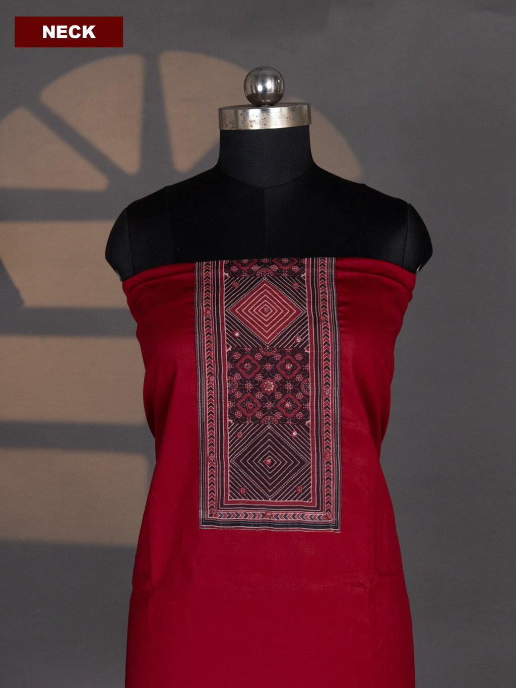 Maroon and Black Cotton Dress Material With Plain Body & Patch Work Neck Pattern and Kalamkari Bottom & Dupatta