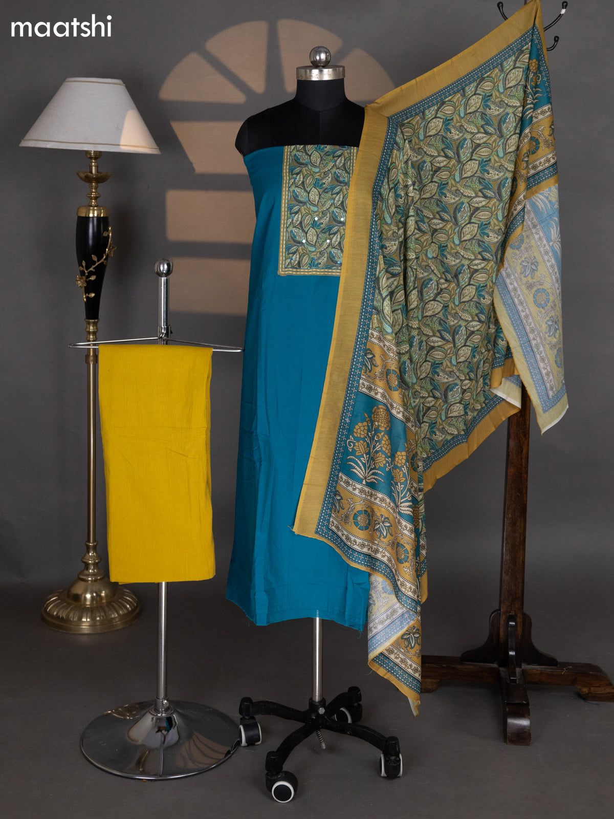 Teal Green and Mustrad Yellow Cotton Dress Material With Plain Body & Patch Work Neck Pattern and Kalamkari Bottom & Dupatta