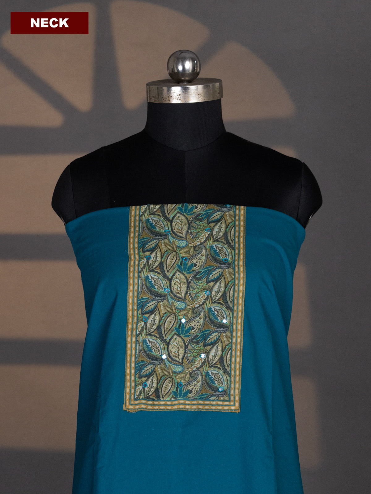 Teal Green and Mustrad Yellow Cotton Dress Material With Plain Body & Patch Work Neck Pattern and Kalamkari Bottom & Dupatta