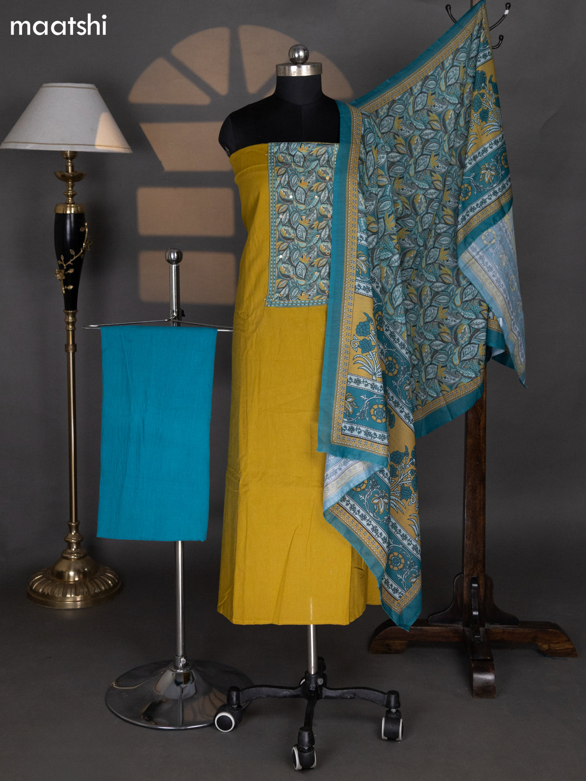 Mustard Yellow and Teal Green Cotton Dress Material With Plain Body & Patch Work Neck Pattern and Kalamkari Bottom & Dupatta