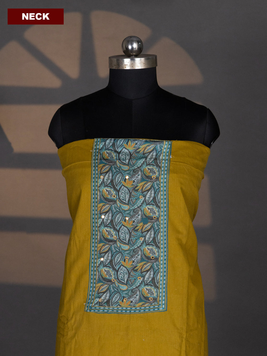 Mustard Yellow and Teal Green Cotton Dress Material With Plain Body & Patch Work Neck Pattern and Kalamkari Bottom & Dupatta
