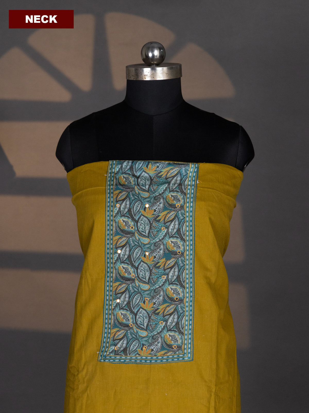 Mustard Yellow and Teal Green Cotton Dress Material With Plain Body & Patch Work Neck Pattern and Kalamkari Bottom & Dupatta