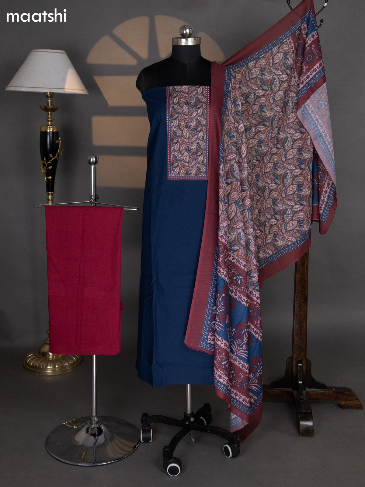 Dark Peacock Blue and Maroon Cotton Dress Material With Plain Body & Patch Work Neck Pattern and Kalamkari Bottom & Dupatta