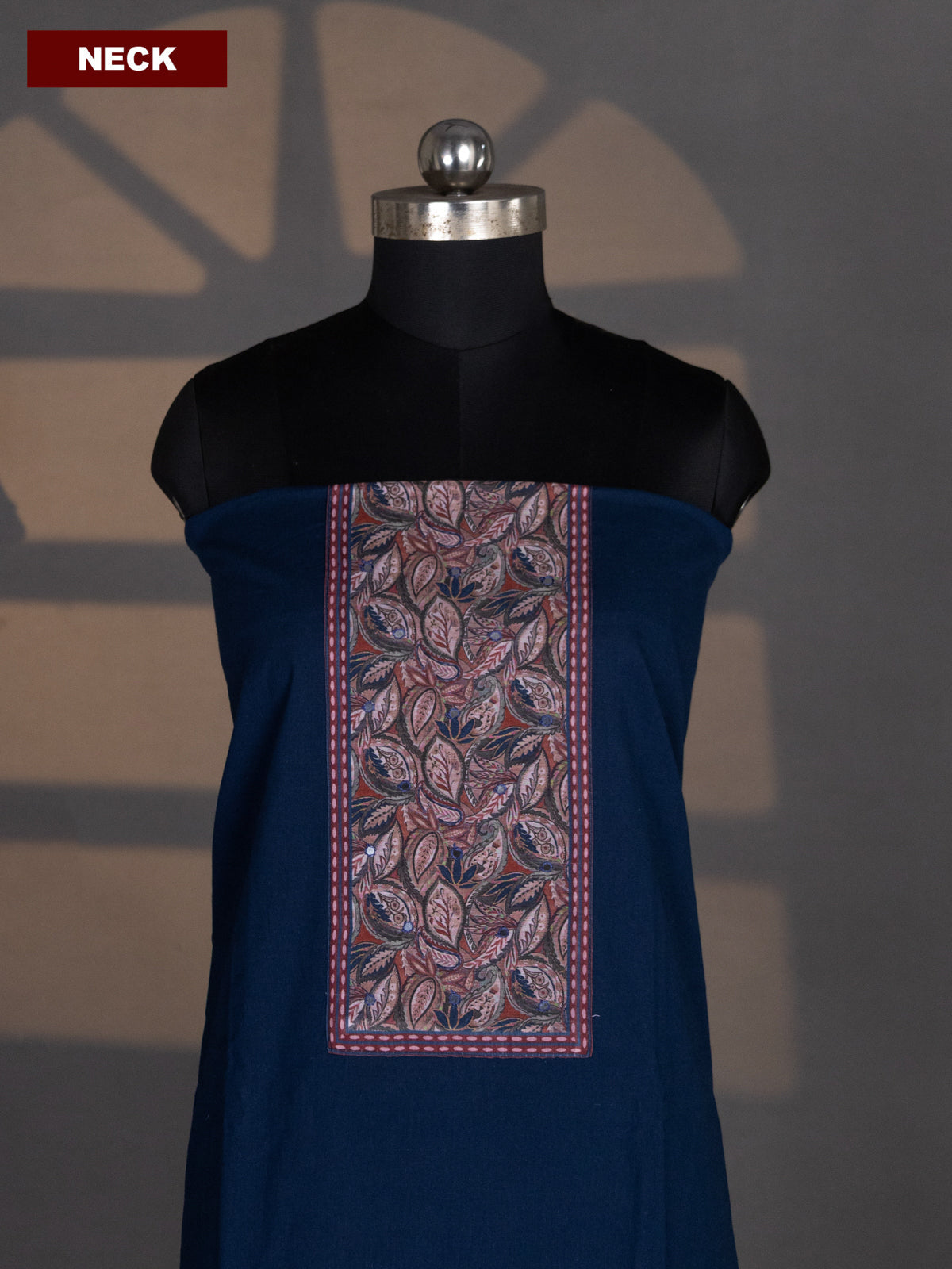 Dark Peacock Blue and Maroon Cotton Dress Material With Plain Body & Patch Work Neck Pattern and Kalamkari Bottom & Dupatta