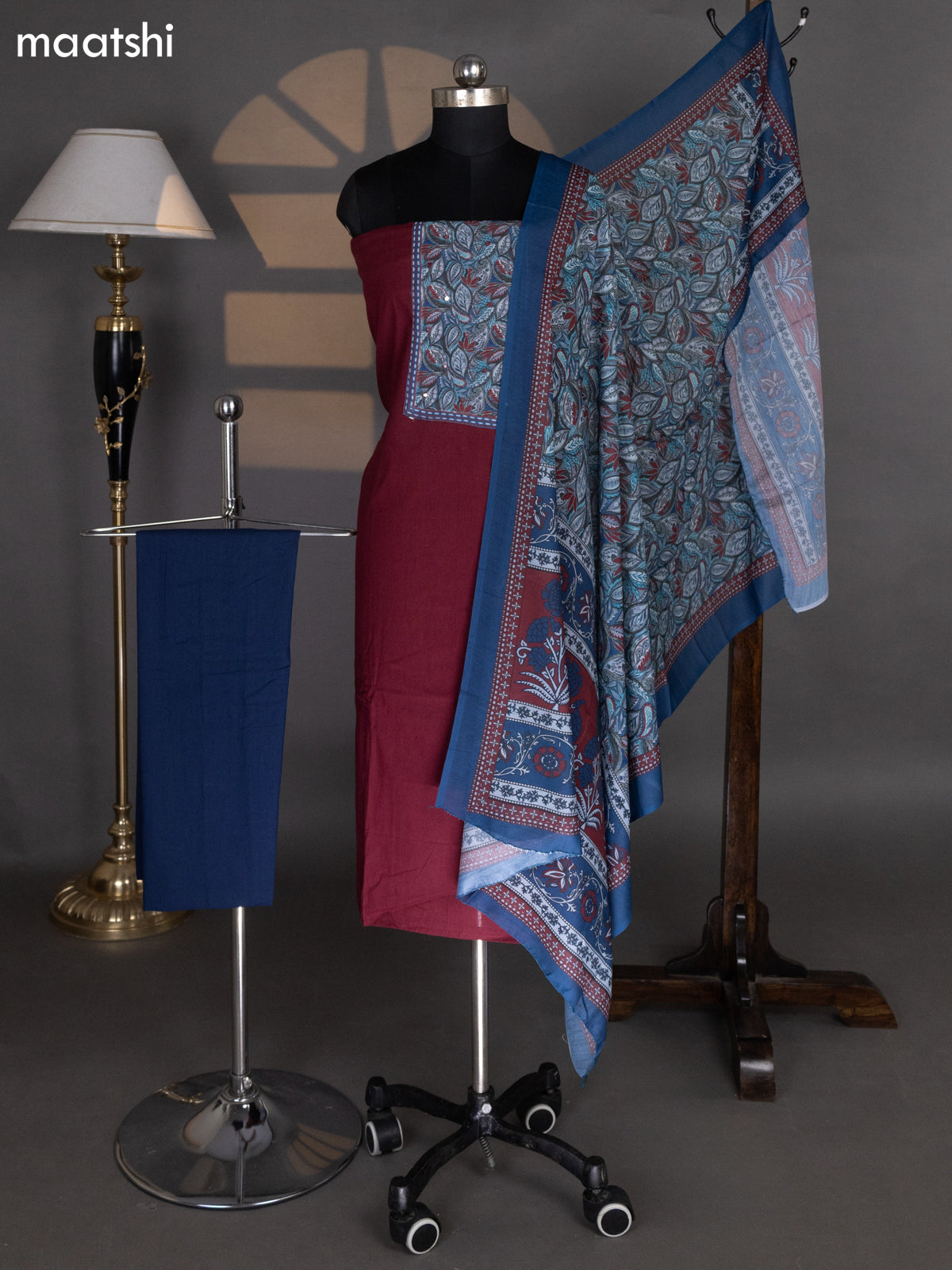 Maroon and Peacock Blue Cotton Dress Material With Plain Body & Patch Work Neck Pattern and Kalamkari Bottom & Dupatta
