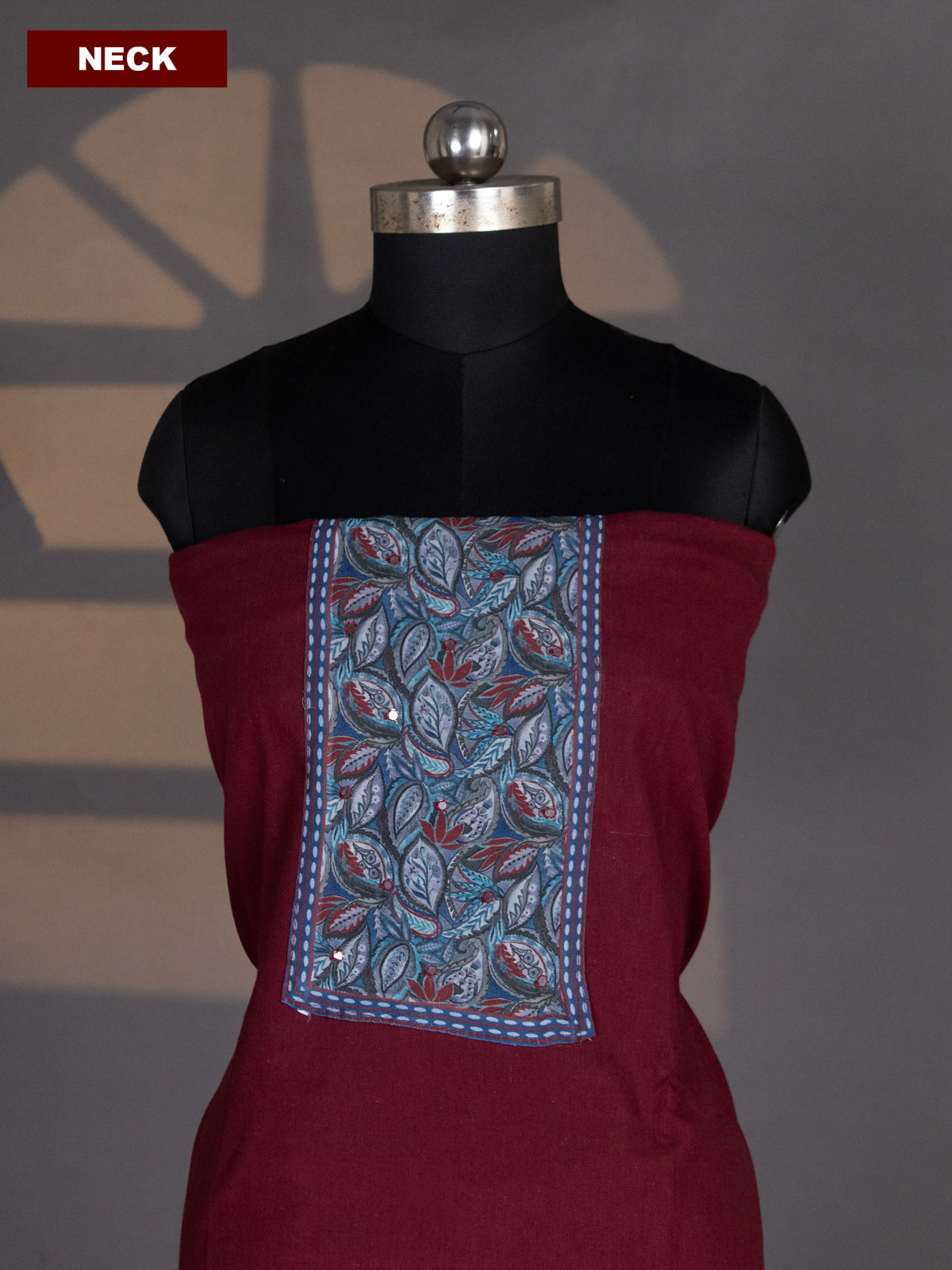 Maroon and Peacock Blue Cotton Dress Material With Plain Body & Patch Work Neck Pattern and Kalamkari Bottom & Dupatta