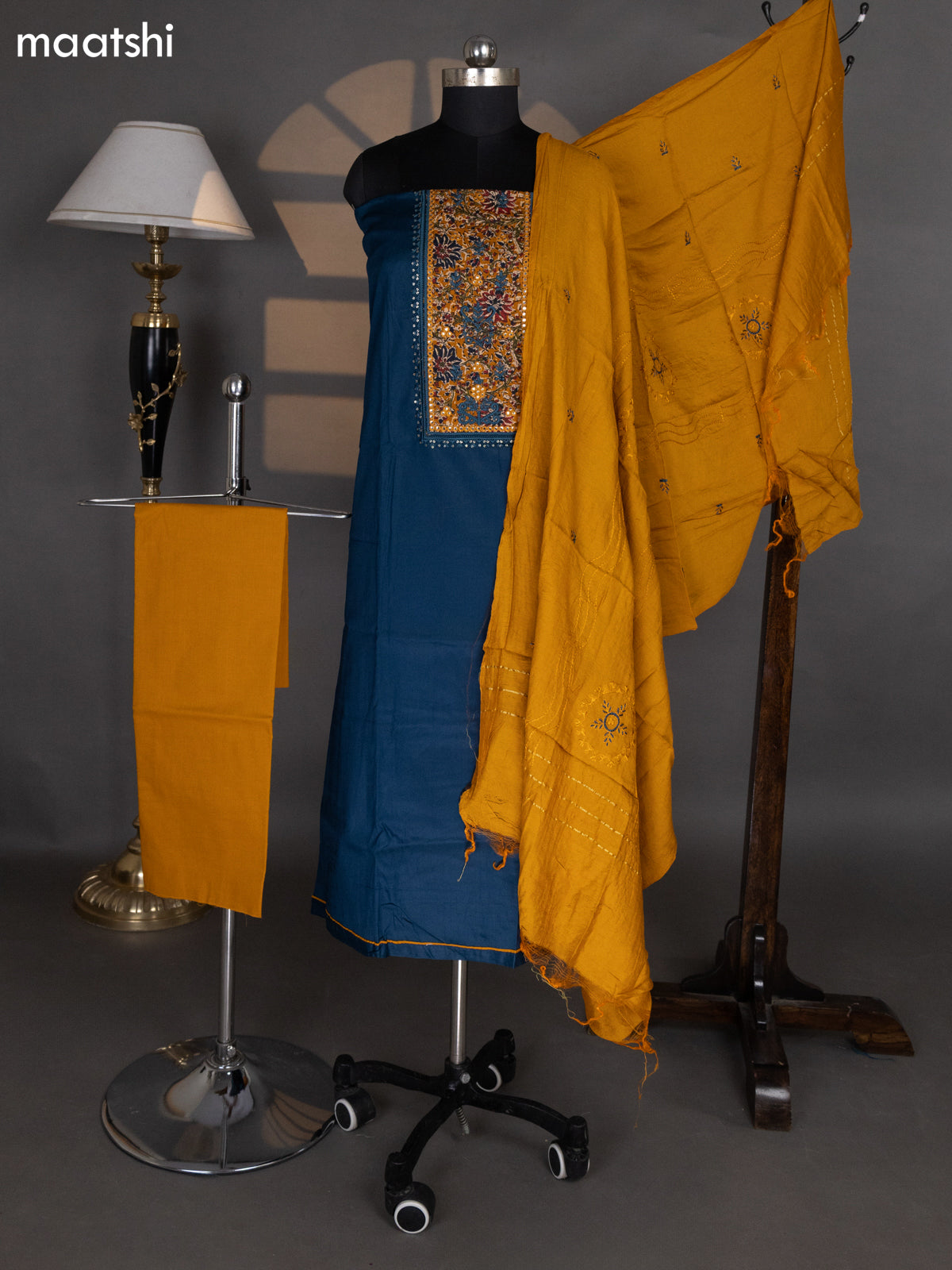 Peacock Blue and Mustard Yellow Cotton Dress Material With Plain Body & Embroidery Work Neck Pattern and Kalamkari Bottom & Dupatta