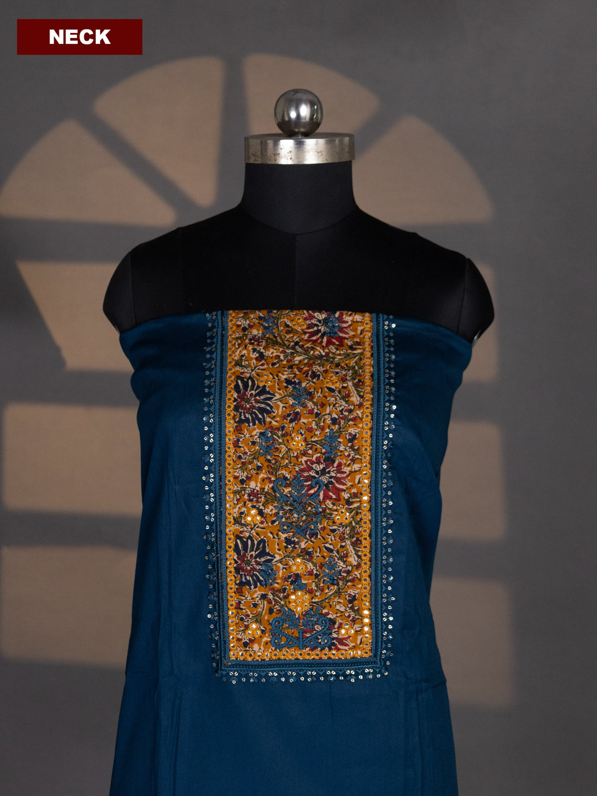 Peacock Blue and Mustard Yellow Cotton Dress Material With Plain Body & Embroidery Work Neck Pattern and Kalamkari Bottom & Dupatta