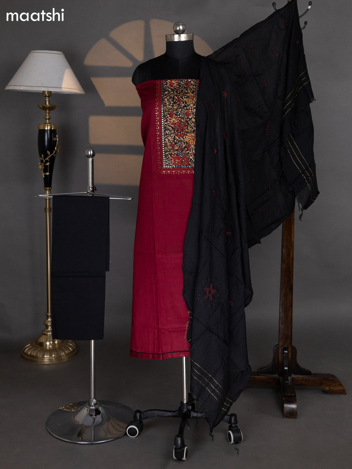 Maroon and Black Cotton Dress Material With Plain Body & Embroidery Work Neck Pattern and Kalamkari Bottom & Dupatta