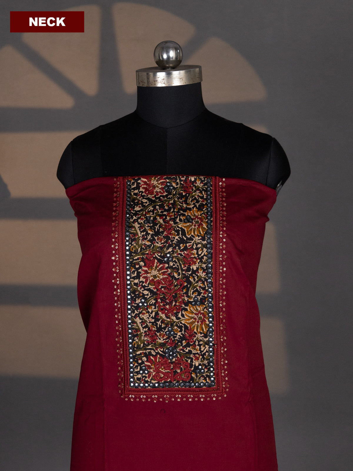 Maroon and Black Cotton Dress Material With Plain Body & Embroidery Work Neck Pattern and Kalamkari Bottom & Dupatta