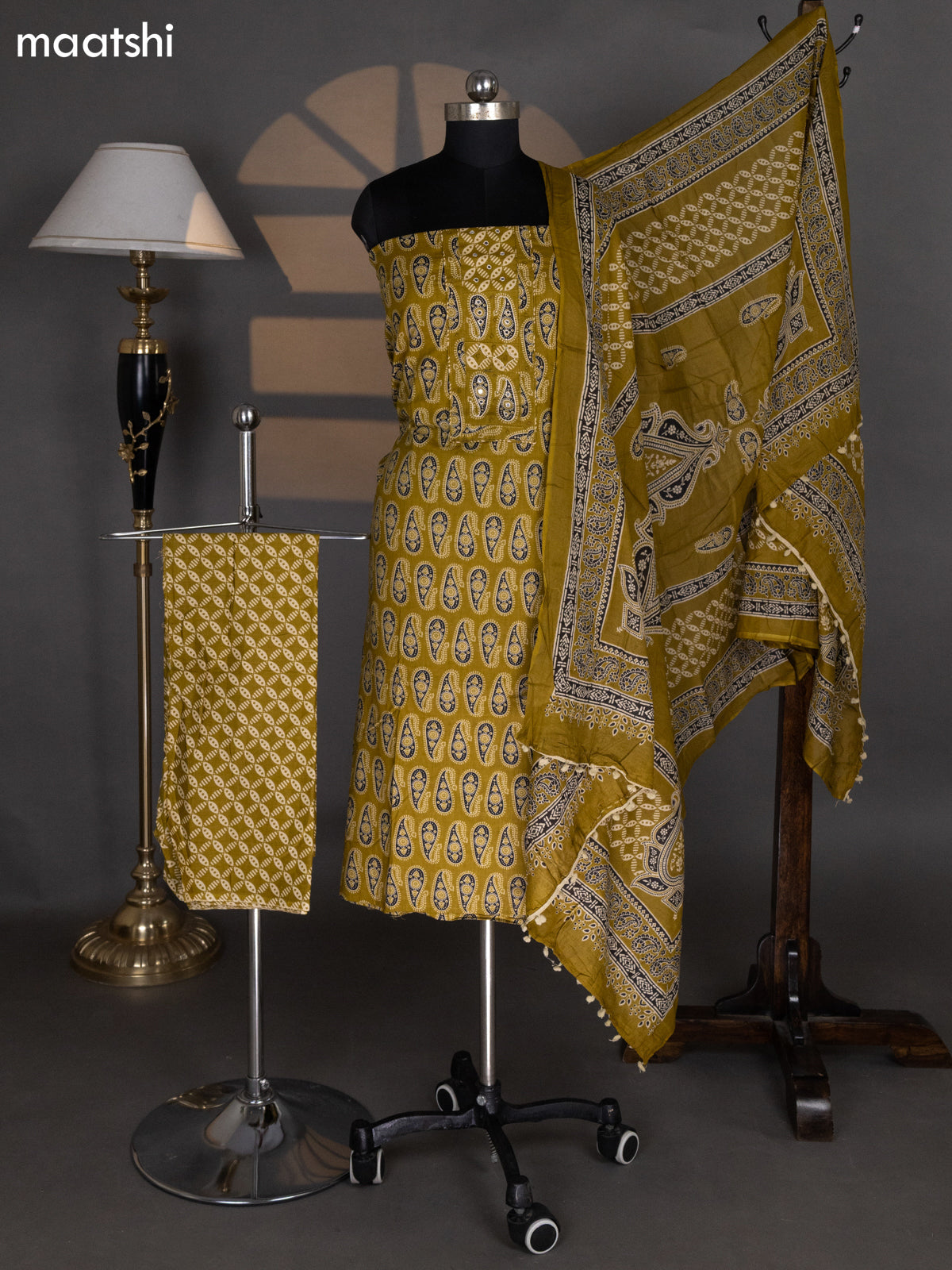 Mehendi Green Cotton Dress Material With Allover Ajrakh Prints & Embroidery Work Neck Pattern and Bottom & Dupatta