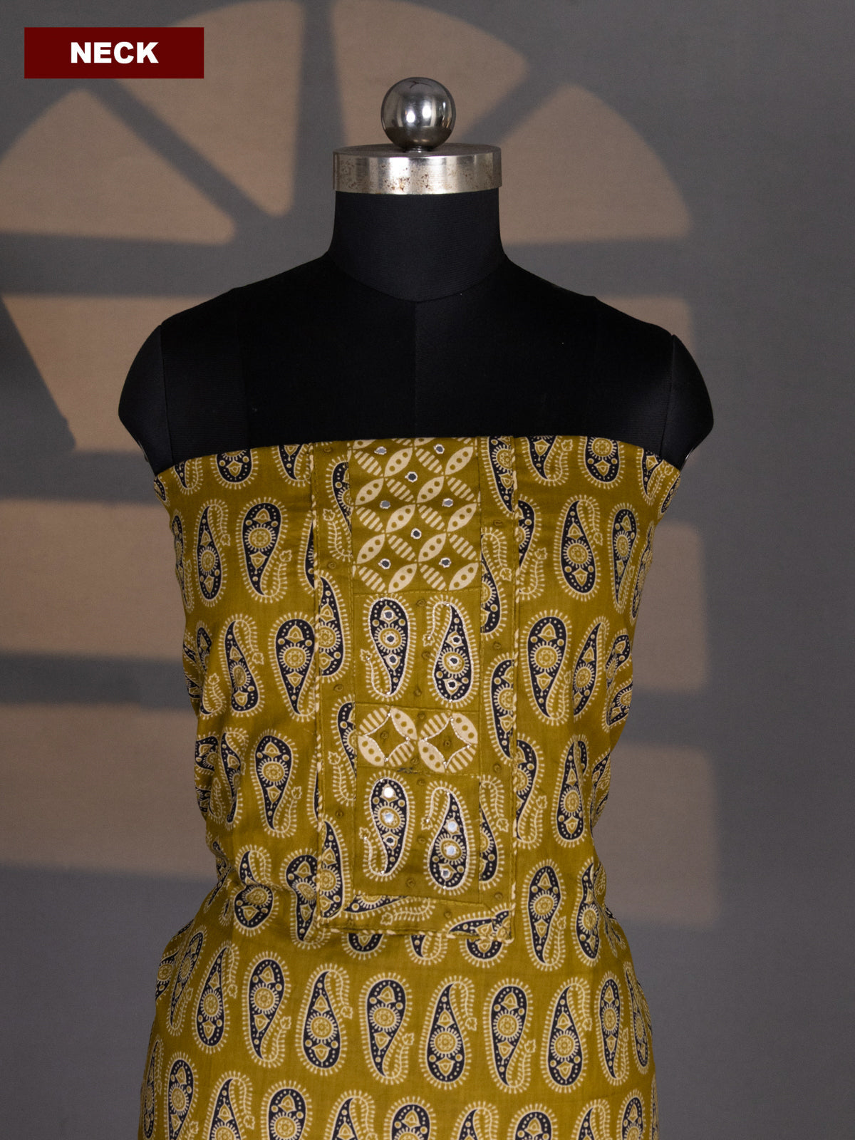 Mehendi Green Cotton Dress Material With Allover Ajrakh Prints & Embroidery Work Neck Pattern and Bottom & Dupatta