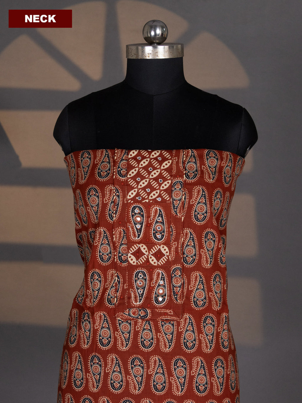Dark Rust Cotton Dress Material With Allover Ajrakh Prints & Embroidery Work Neck Pattern and Bottom & Dupatta
