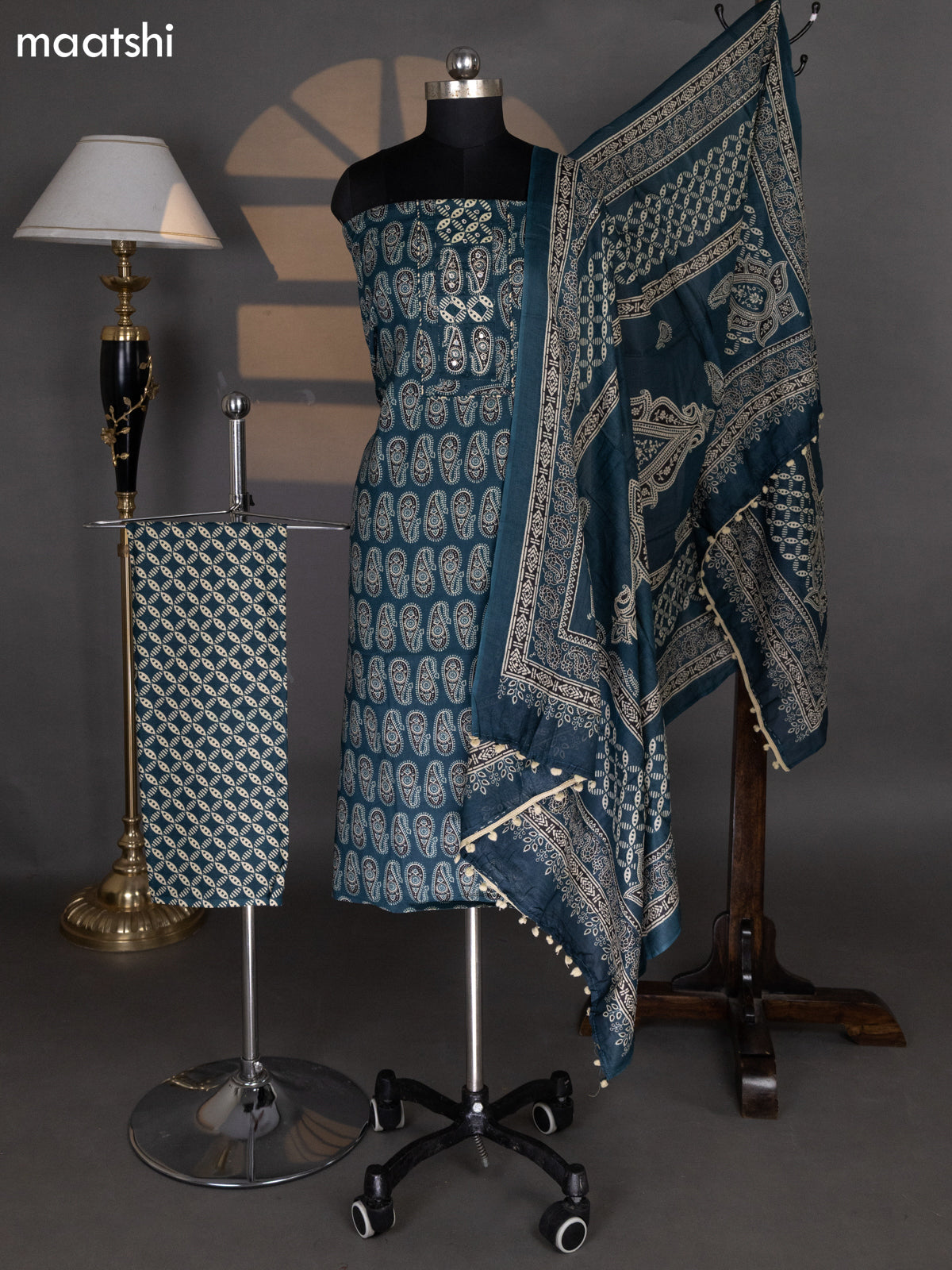 Peacock Green Cotton Dress Material With Allover Ajrakh Prints & Embroidery Work Neck Pattern and Bottom & Dupatta