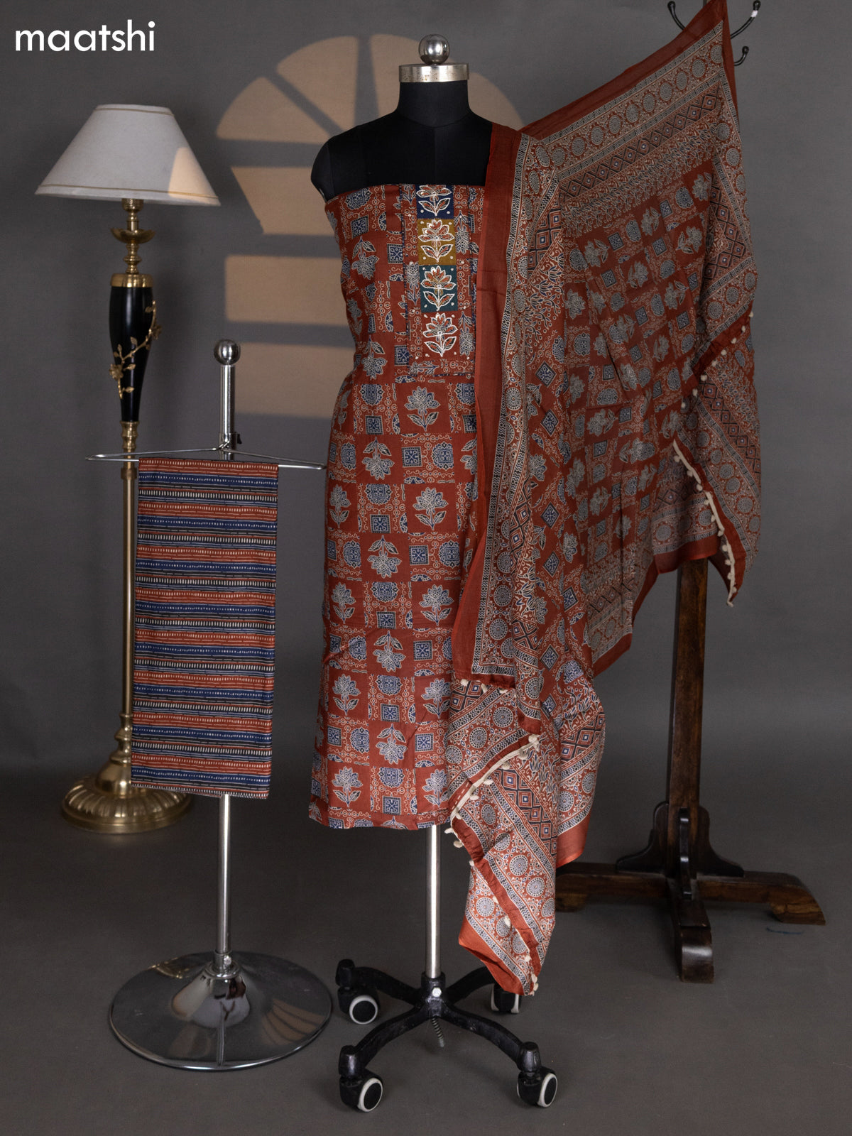Brown Cotton Dress Material With Allover Ajrakh Prints & Embroidery Work Neck Pattern and Bottom & Dupatta