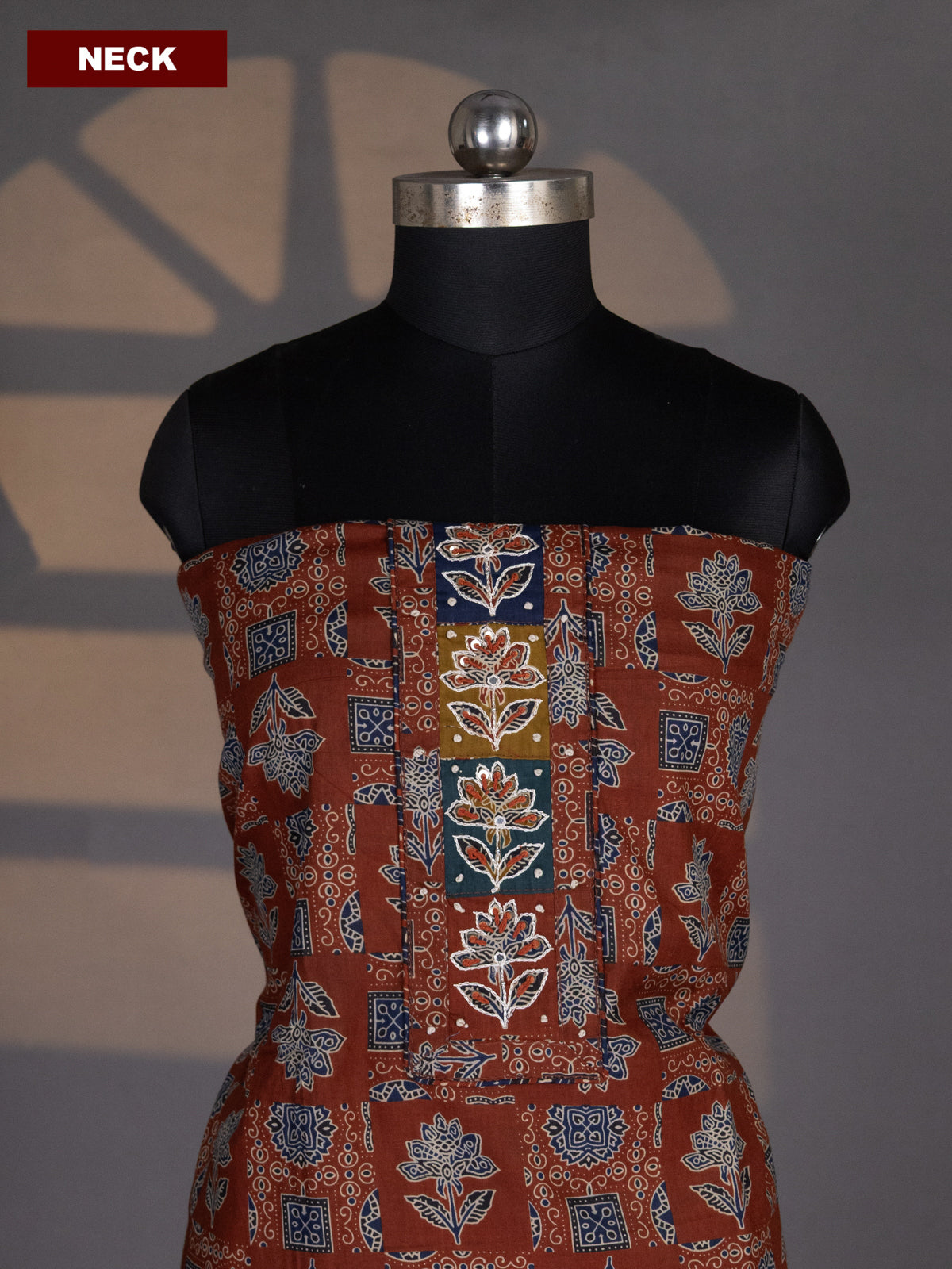 Brown Cotton Dress Material With Allover Ajrakh Prints & Embroidery Work Neck Pattern and Bottom & Dupatta