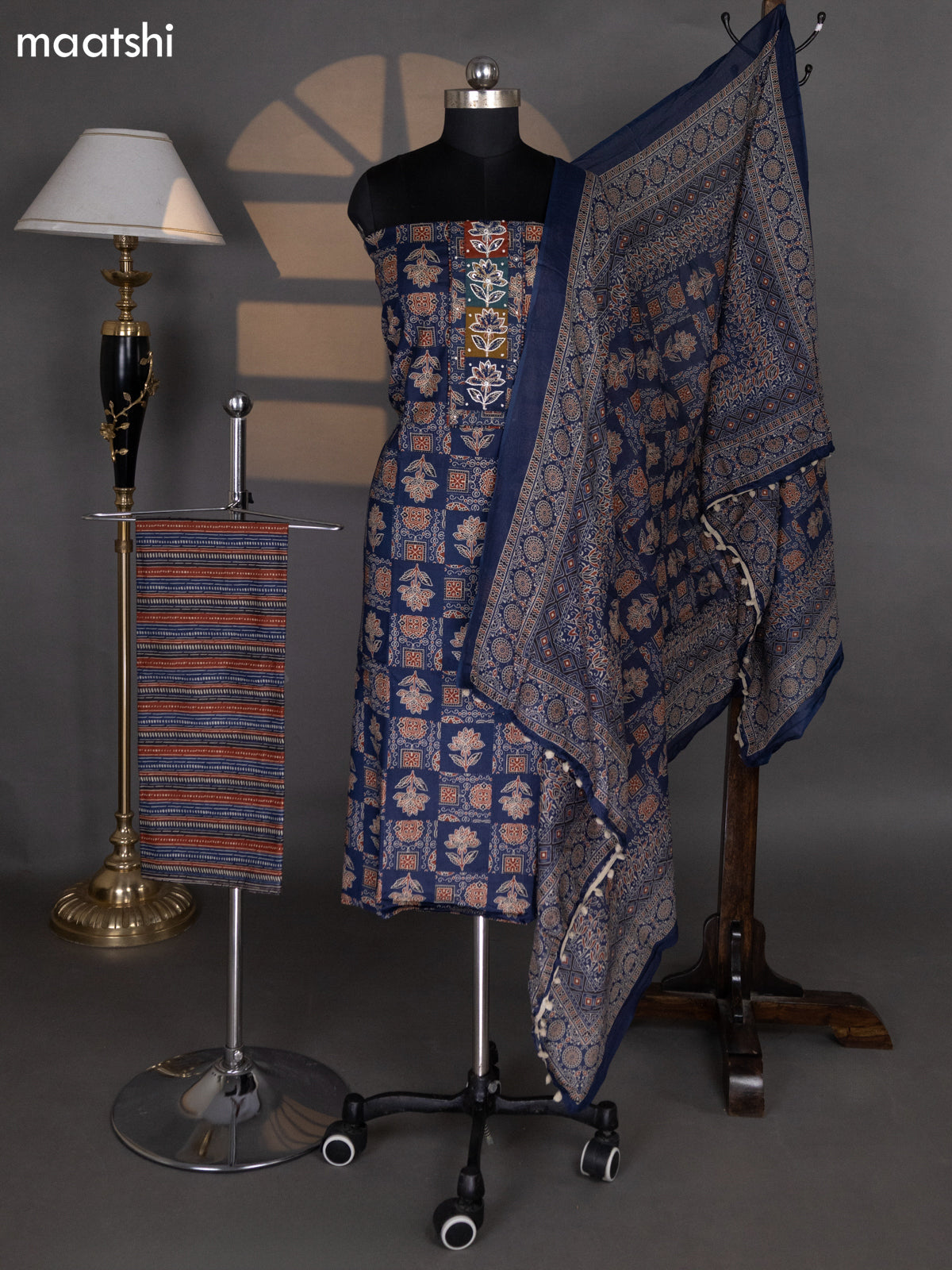 Navy Blue Cotton Dress Material With Allover Ajrakh Prints & Embroidery Work Neck Pattern and Bottom & Dupatta