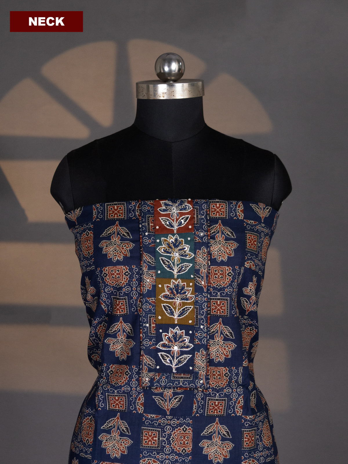 Navy Blue Cotton Dress Material With Allover Ajrakh Prints & Embroidery Work Neck Pattern and Bottom & Dupatta