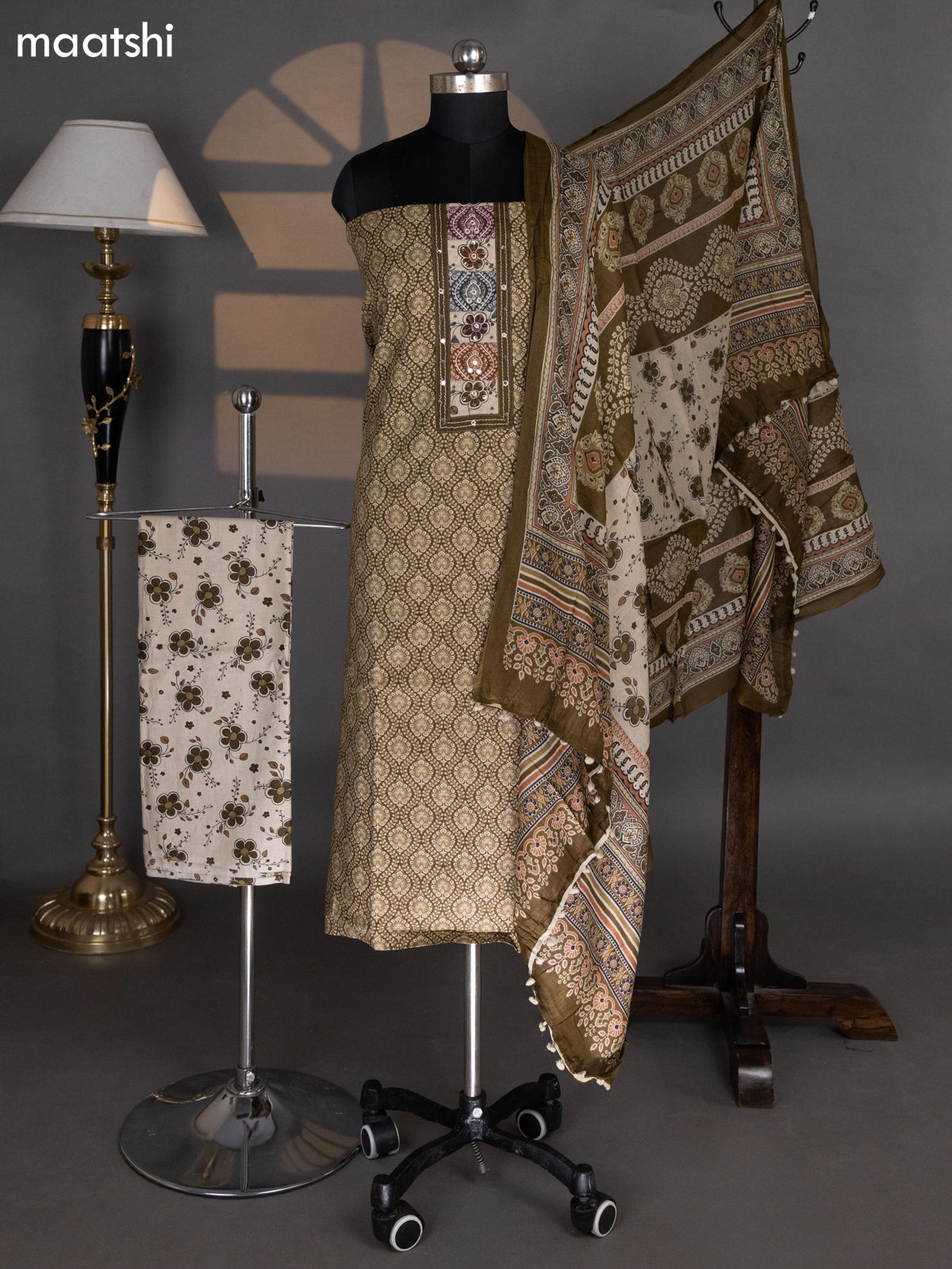 Dark Mehendi Green and Beige Cotton Dress Material With Allover Prints & Embroidery Work Neck Pattern and Bottom & Dupatta